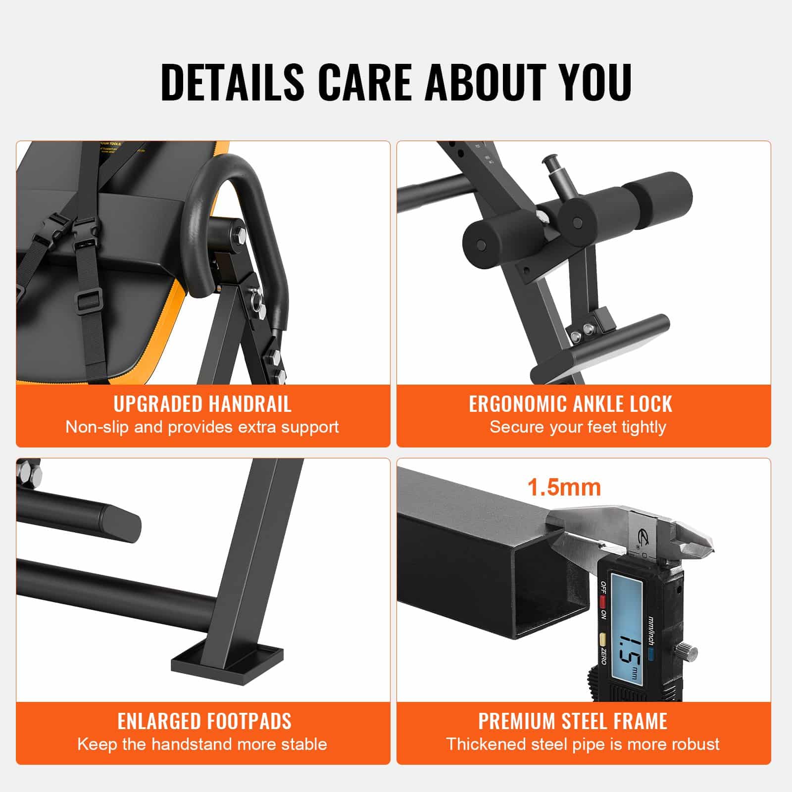 VEVOR Heavy Duty Inversion Table for Back Pain Relief, 136kg Capacity, Foldable with Ankle Lock, Headrest, Adjustable Belt, Orange/Black — изображение 6