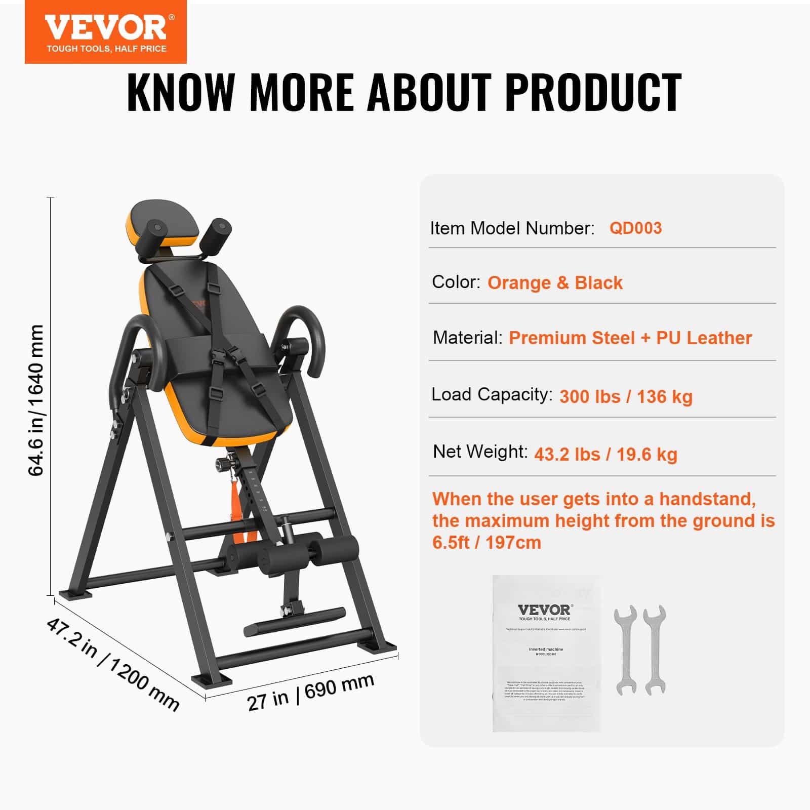VEVOR Heavy Duty Inversion Table for Back Pain Relief, 136kg Capacity, Foldable with Ankle Lock, Headrest, Adjustable Belt, Orange/Black — изображение 7