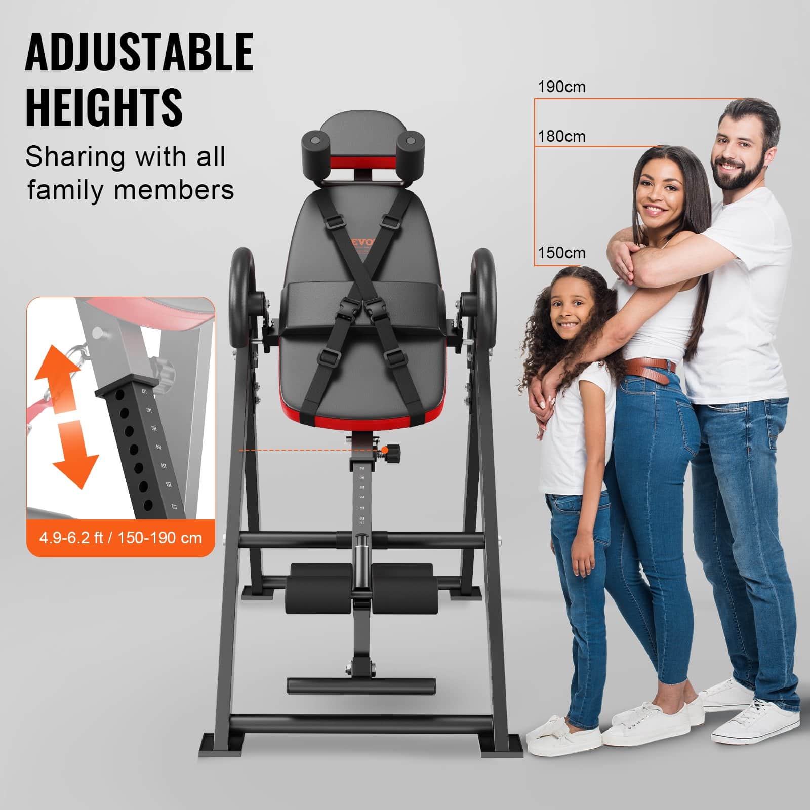 VEVOR Heavy-Duty Inversion Table, 136kg Capacity Back Stretcher with Headrest, Ankle Lock, Adjustable Belt, Red/Black - Image 5