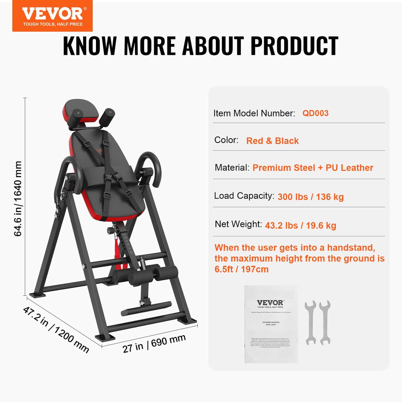 VEVOR Heavy-Duty Inversion Table, 136kg Capacity Back Stretcher with Headrest, Ankle Lock, Adjustable Belt, Red/Black - Image 7