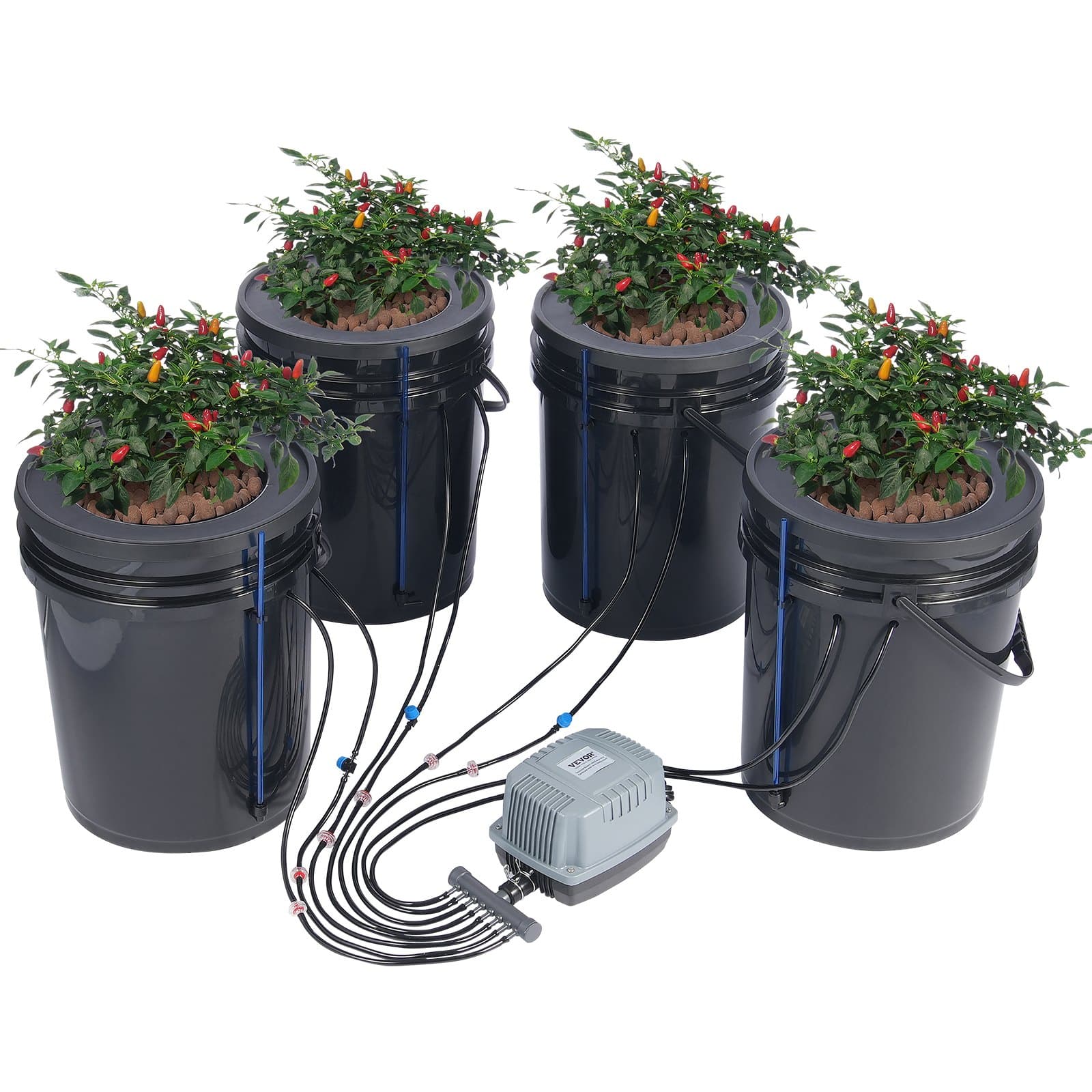 VEVOR DWC Hydroponic Grow System with 4 x 18.9L Buckets, Top Drip Kit, Air Pump & Stones, Ideal for Leafy Greens