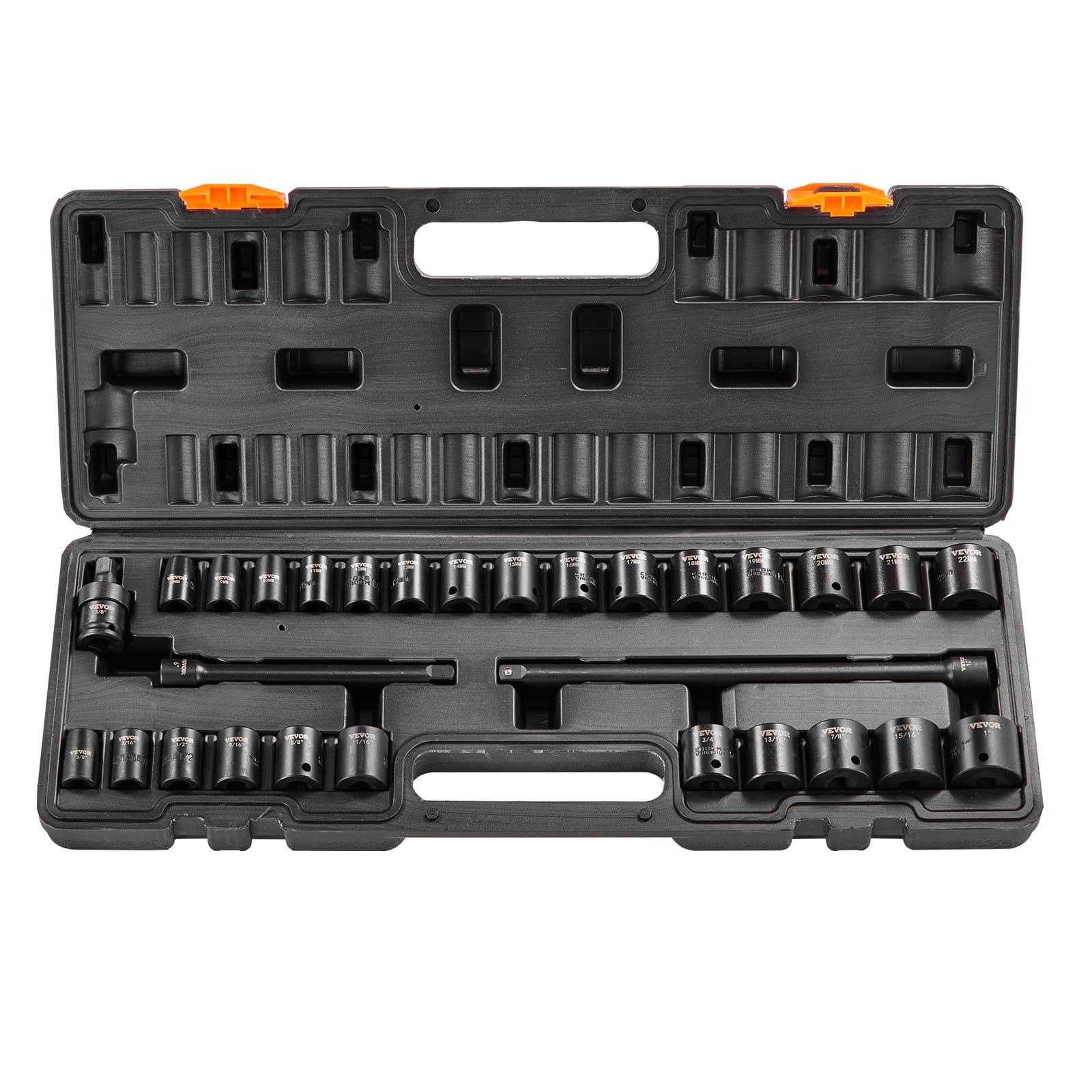 VEVOR 29-Piece 3/8" Drive Impact Socket Set, SAE 9.5–25.4mm & Metric 8–22mm, CR-V Steel, 6-Point, with Case
