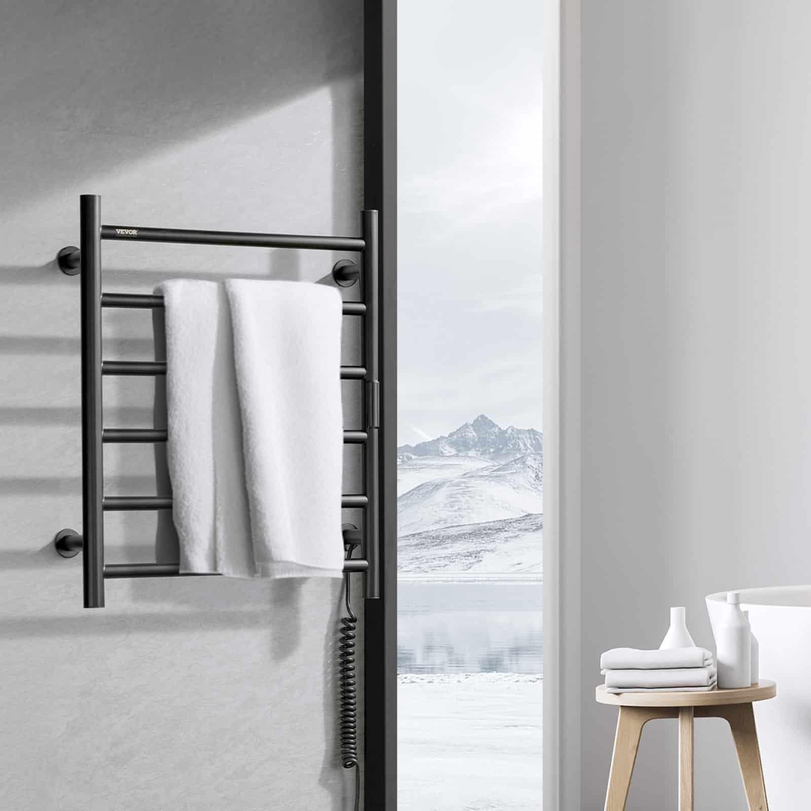VEVOR Wall Mounted Heated Towel Rack, 6 Bars, Adjustable Temp, Timer & LED, IPX5 Waterproof, 55°C Rapid Heat, Black – Paveikslėlis 8