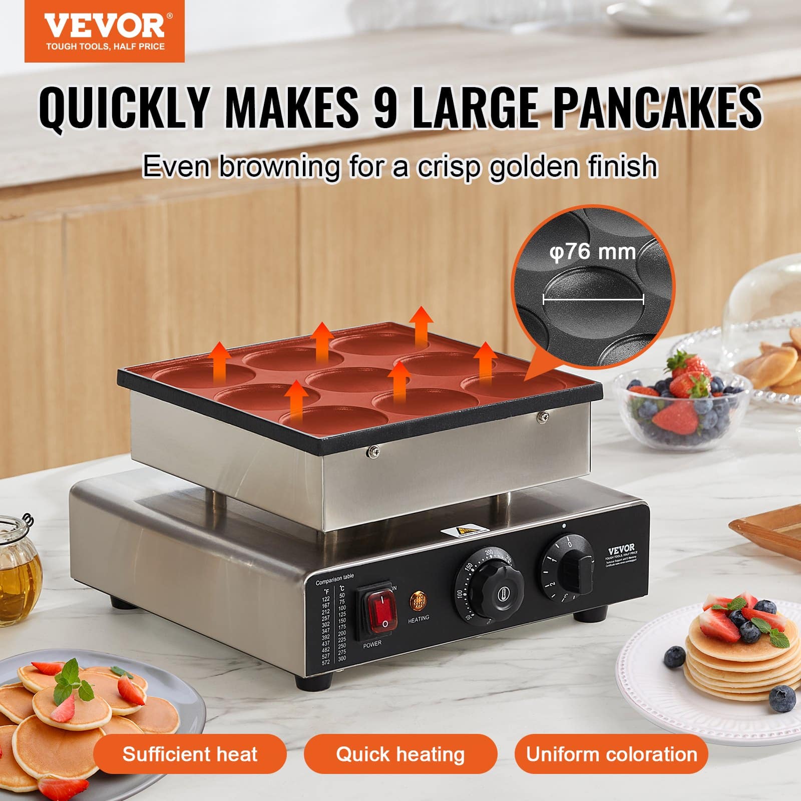VEVOR 850W Dutch Pancake Maker – 9pcs Ø76mm Non-Stick Electric Dorayaki Waffle Grill with Temp & Timer for Home & Restaurant — attēls 2