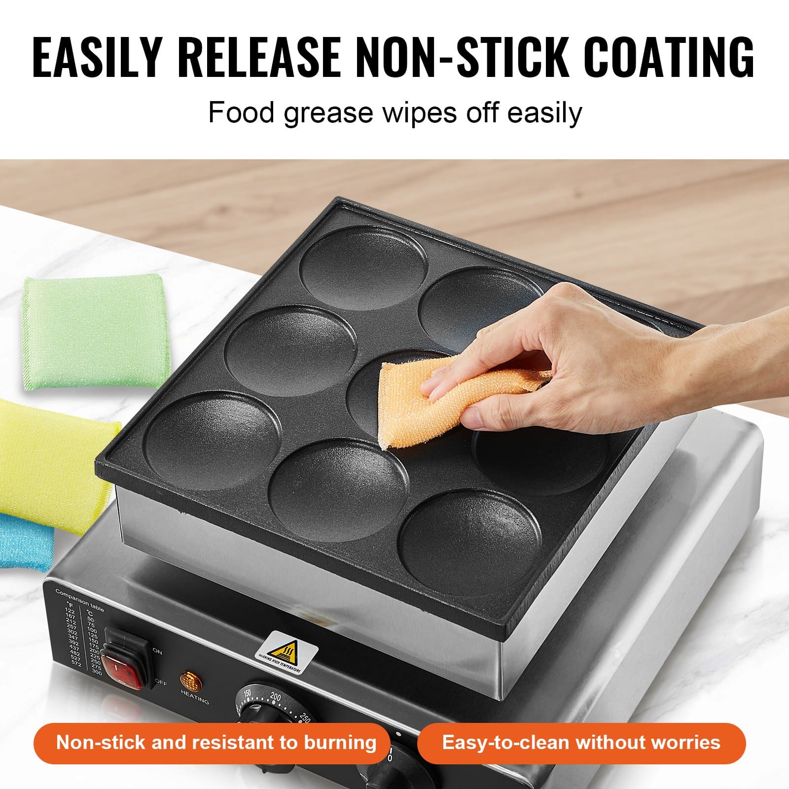 VEVOR 850W Dutch Pancake Maker – 9pcs Ø76mm Non-Stick Electric Dorayaki Waffle Grill with Temp & Timer for Home & Restaurant — attēls 4