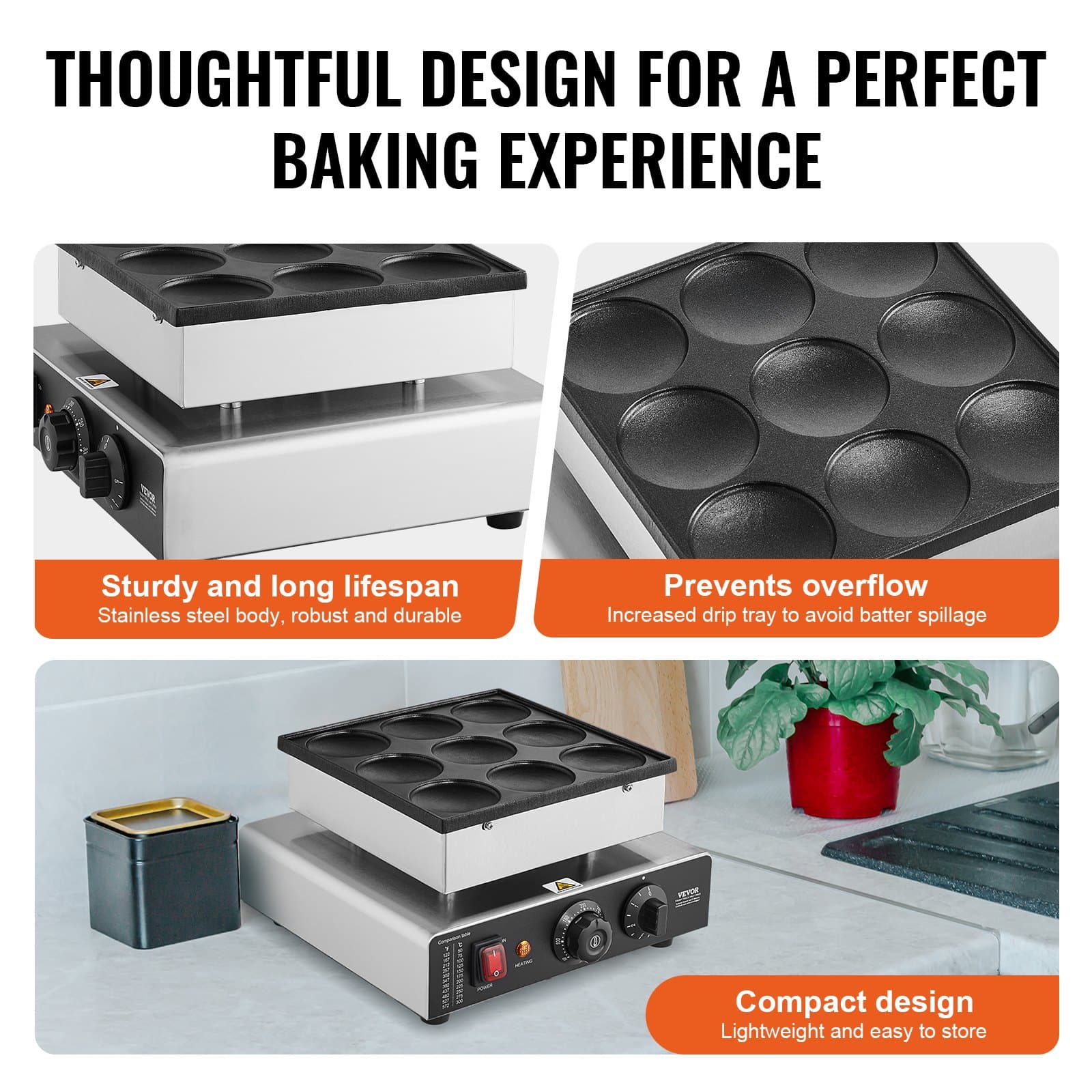 VEVOR 850W Dutch Pancake Maker – 9pcs Ø76mm Non-Stick Electric Dorayaki Waffle Grill with Temp & Timer for Home & Restaurant — attēls 5