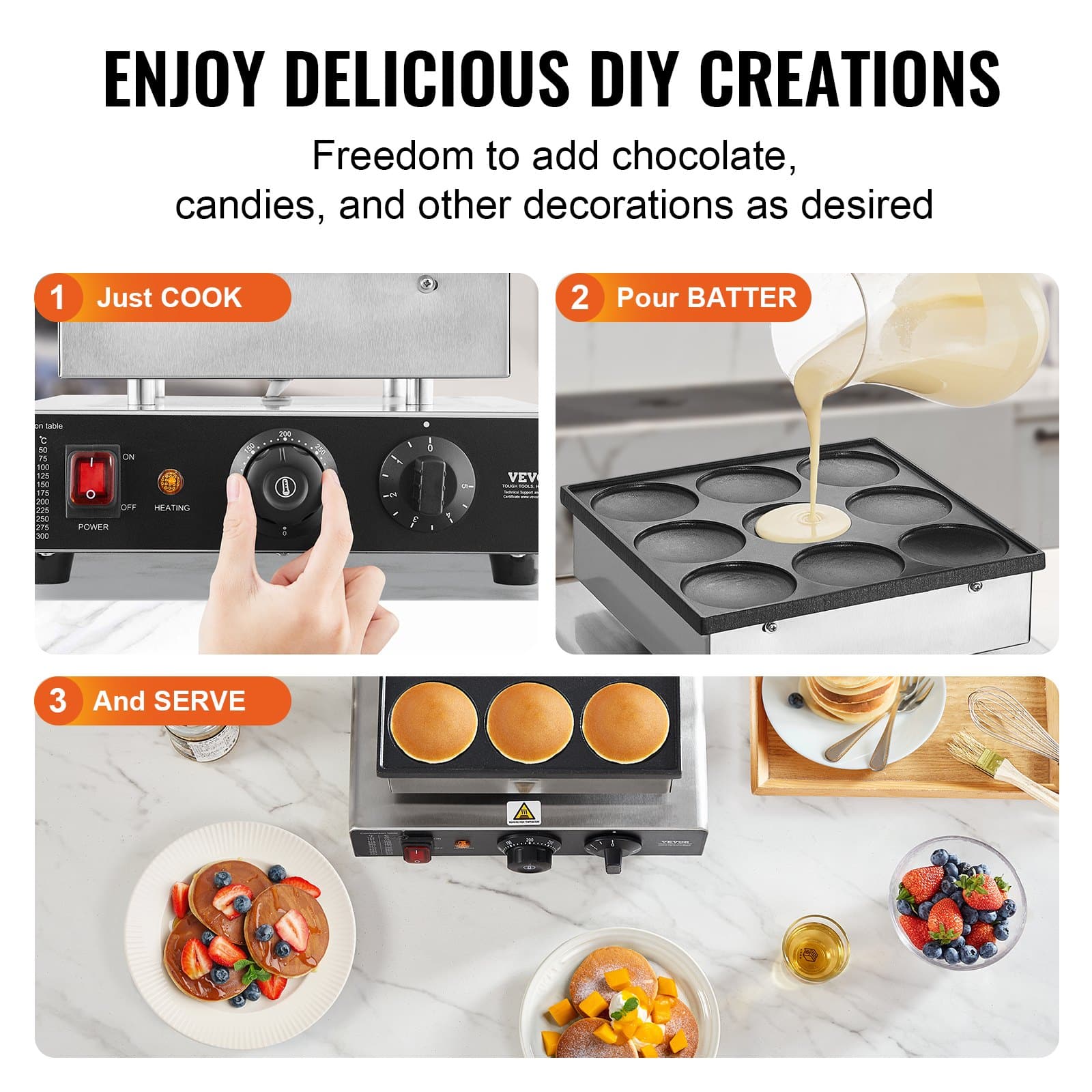 VEVOR 850W Dutch Pancake Maker – 9pcs Ø76mm Non-Stick Electric Dorayaki Waffle Grill with Temp & Timer for Home & Restaurant — attēls 6