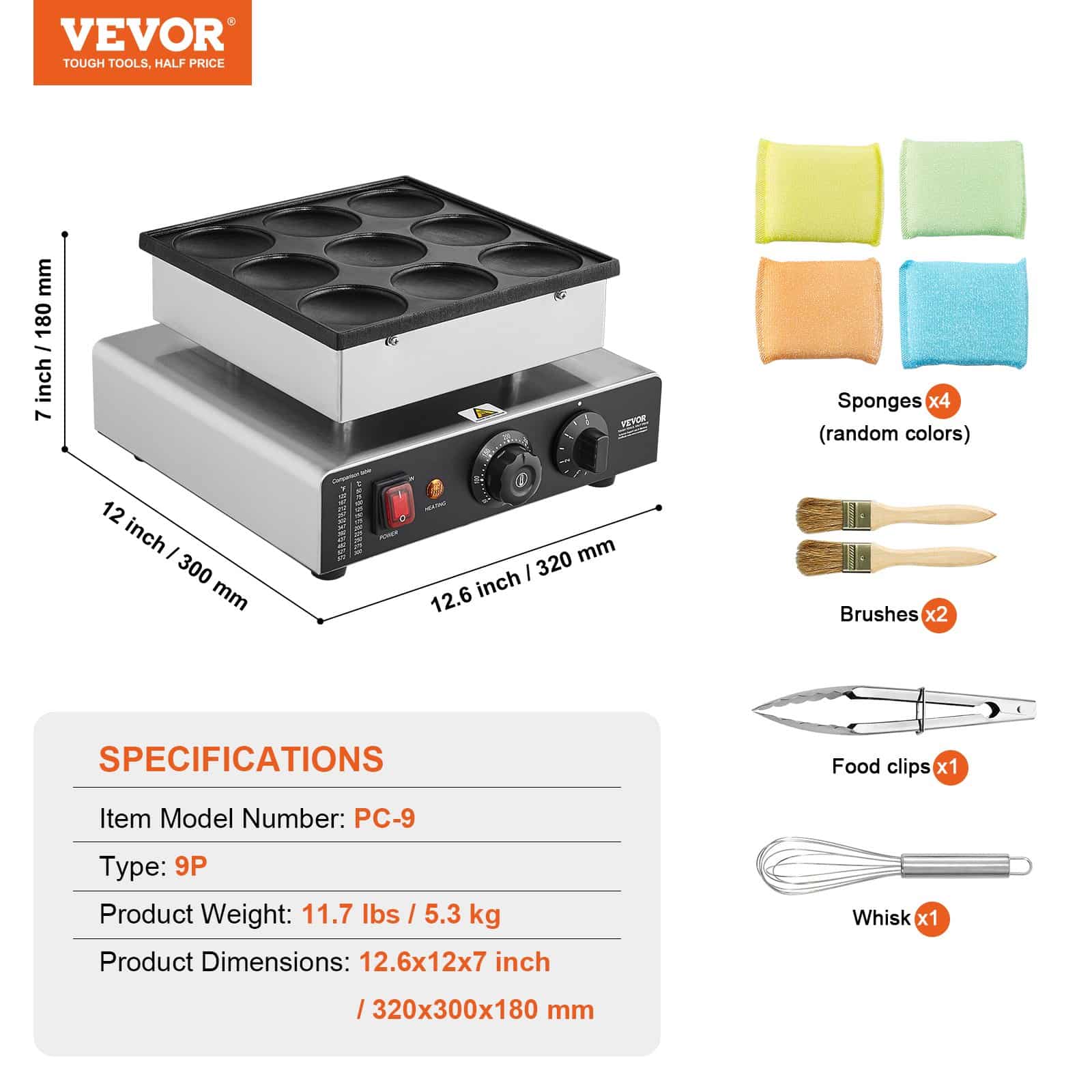 VEVOR 850W Dutch Pancake Maker – 9pcs Ø76mm Non-Stick Electric Dorayaki Waffle Grill with Temp & Timer for Home & Restaurant — attēls 7