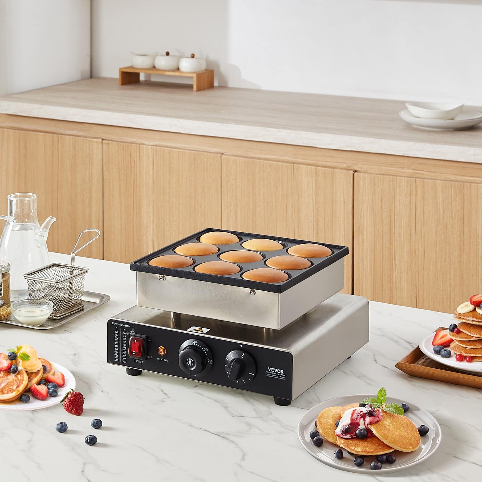 VEVOR 850W Dutch Pancake Maker – 9pcs Ø76mm Non-Stick Electric Dorayaki Waffle Grill with Temp & Timer for Home & Restaurant — attēls 8