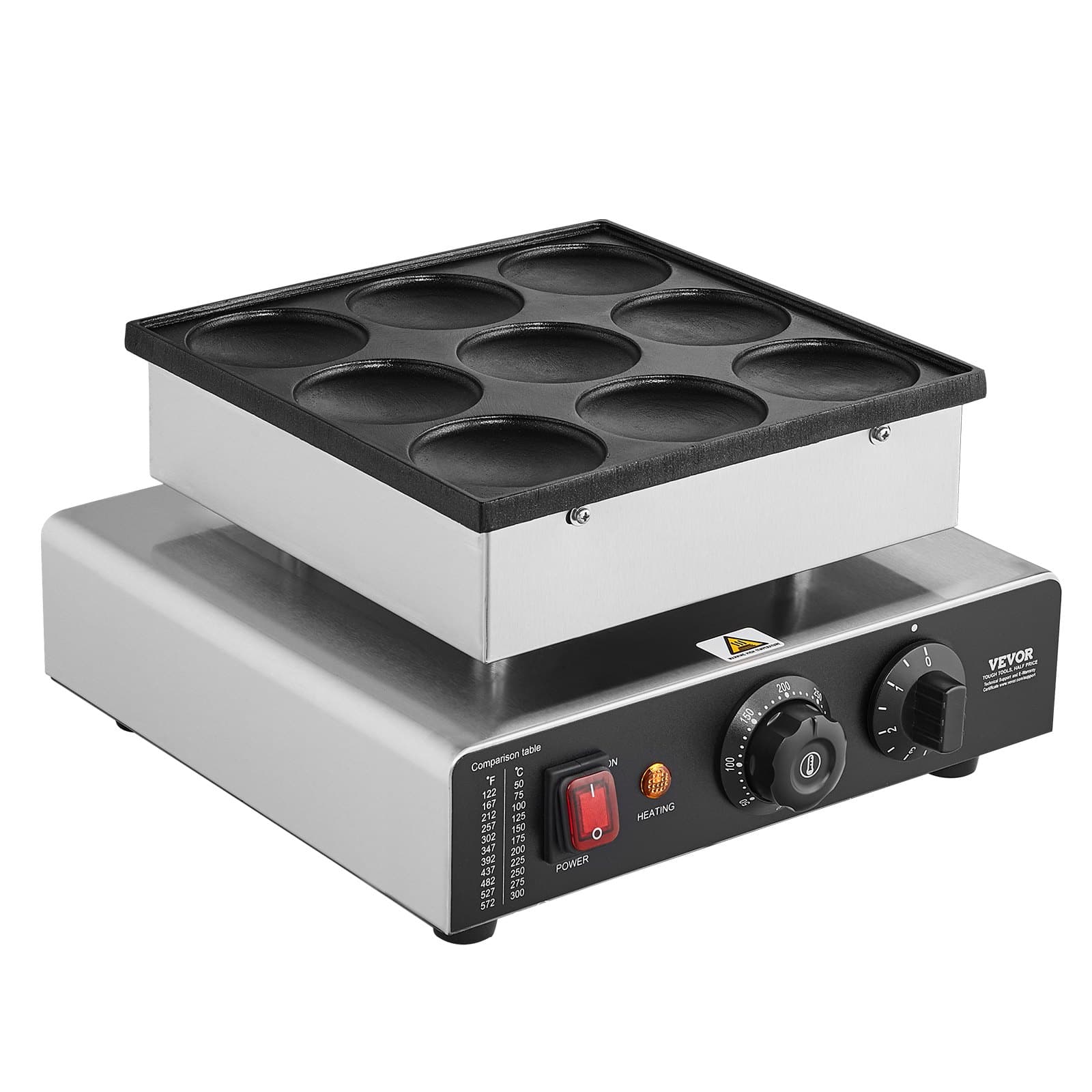 VEVOR 850W Dutch Pancake Maker – 9pcs Ø76mm Non-Stick Electric Dorayaki Waffle Grill with Temp & Timer for Home & Restaurant — attēls 10