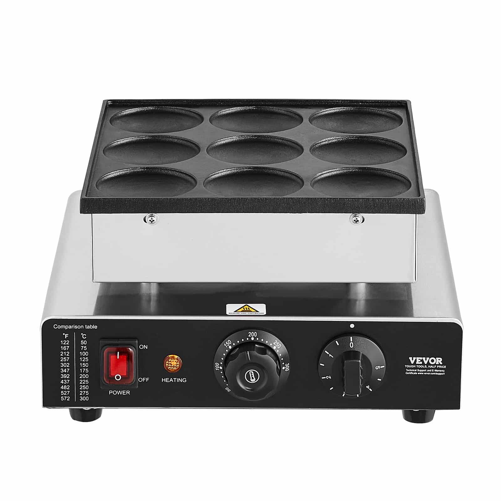 VEVOR 850W Dutch Pancake Maker – 9pcs Ø76mm Non-Stick Electric Dorayaki Waffle Grill with Temp & Timer for Home & Restaurant — attēls 11