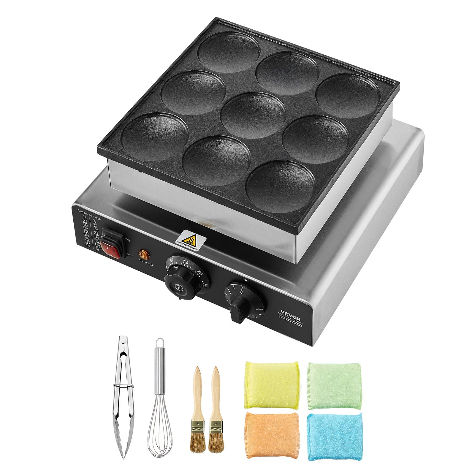 VEVOR 850W Dutch Pancake Maker – 9pcs Ø76mm Non-Stick Electric Dorayaki Waffle Grill with Temp & Timer for Home & Restaurant — attēls 9
