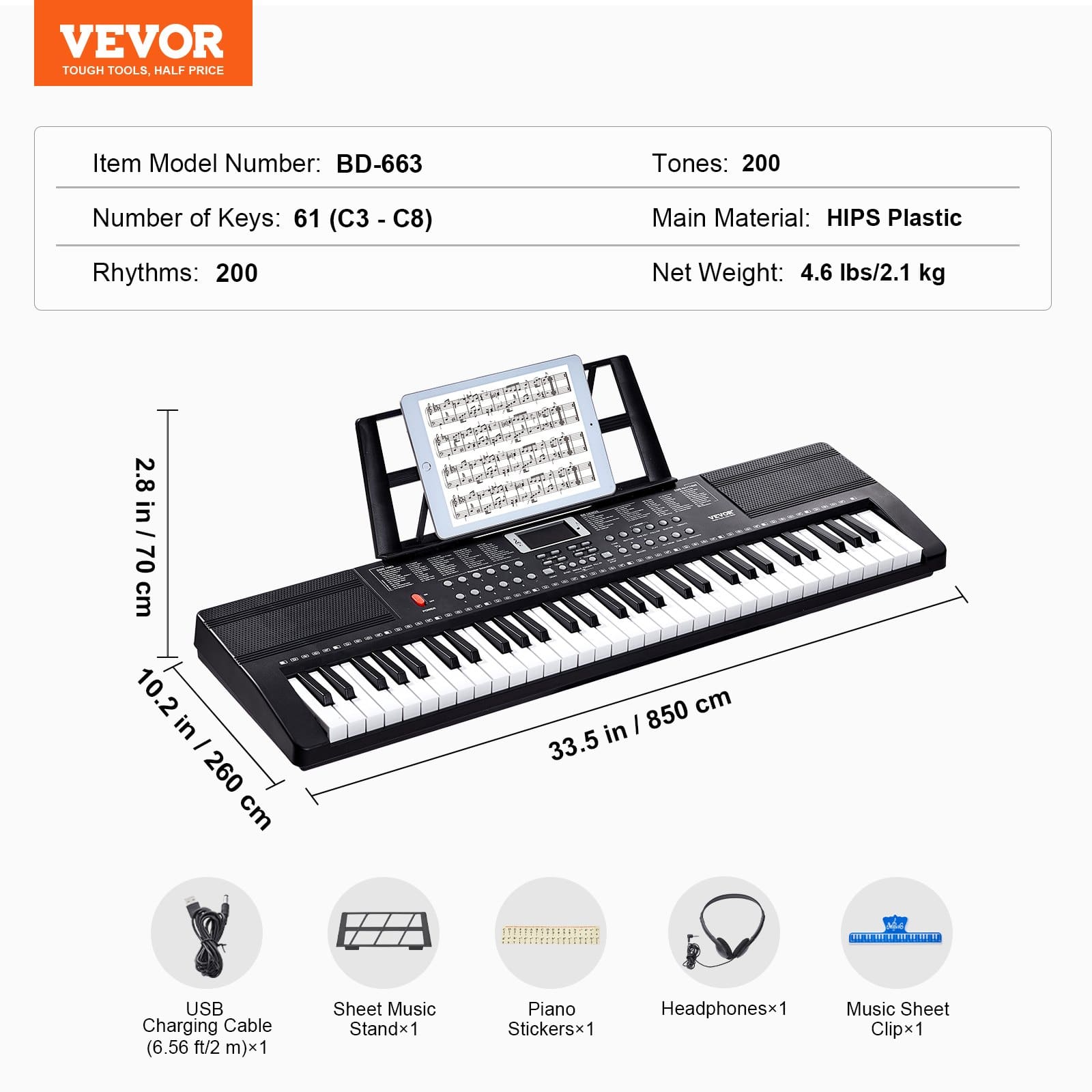 VEVOR 61-Key Digital Piano with 200 Tones, 200 Rhythms, 60 Demos, Dual Speakers, Headphones & Stickers – Beginner Keyboard Kit - Зображення 7