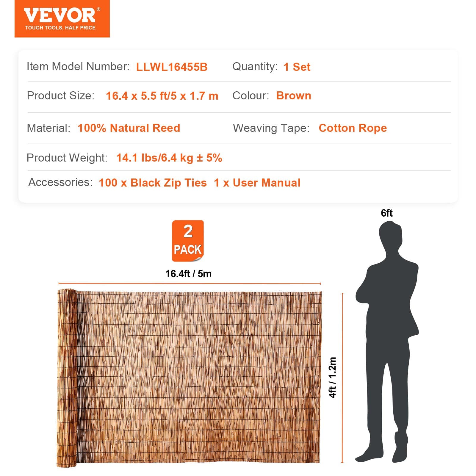 VEVOR Natural Reed Fence Roll 2-Pack, 1.2x5 m Panels, Outdoor Privacy Screen for Garden, Balcony, Patio, Brown — изображение 7