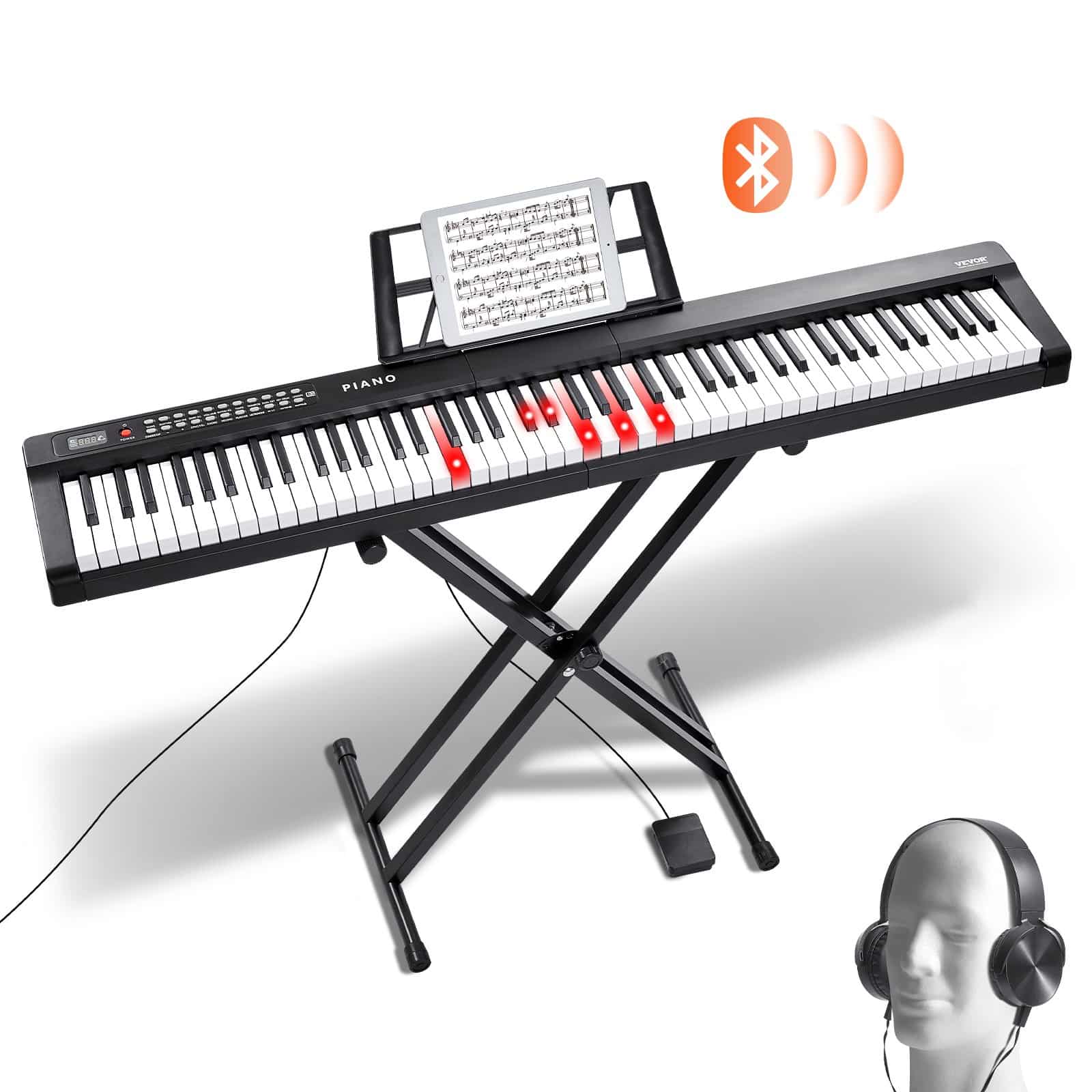 VEVOR 88-Key Digital Piano with Semi-Weighted Full-Size Keys, Bluetooth MIDI, Stand, Pedal, Headphones & Speakers for Beginners
