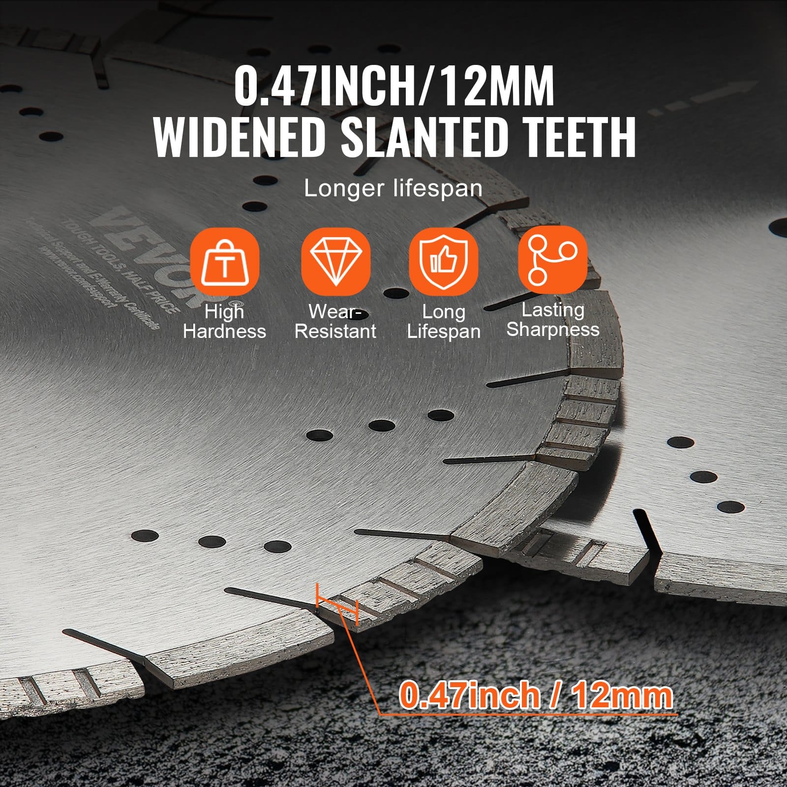 VEVOR 350mm Diamond Concrete Saw Blade, 12mm Slanted Teeth, 25.4mm Arbor, Wet & Dry Cutting for Concrete, Tile, Brick, Stone — изображение 3