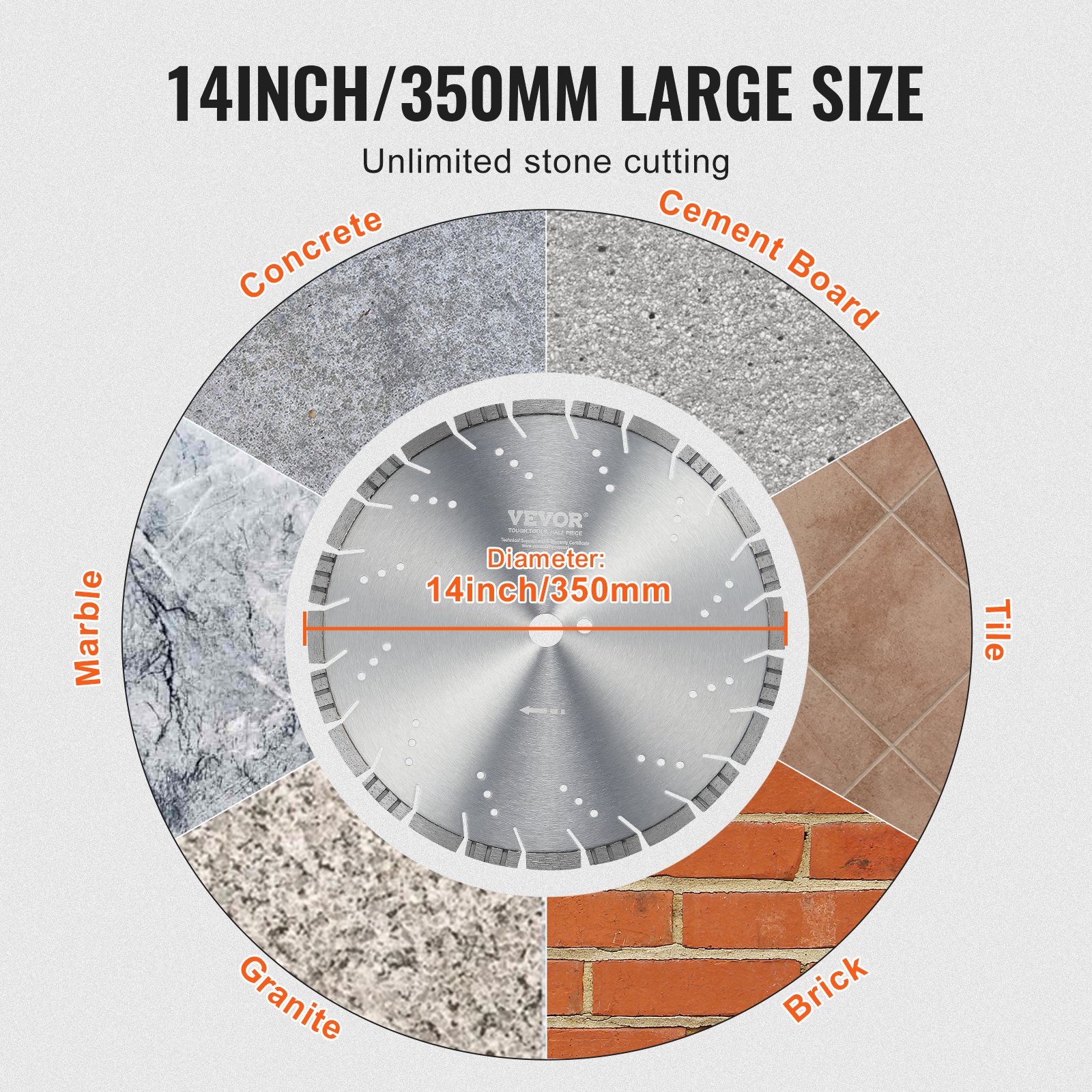 VEVOR 350mm Diamond Concrete Saw Blade, 12mm Slanted Teeth, 25.4mm Arbor, Wet & Dry Cutting for Concrete, Tile, Brick, Stone — изображение 5