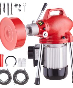 Электрическая машина для очистки дренажа VEVOR мощностью 370 Вт со стальными кабелями 37 м & 7 м, 7 резаками для труб 40 100 мм, ручной подачей и управлением CW/CCW