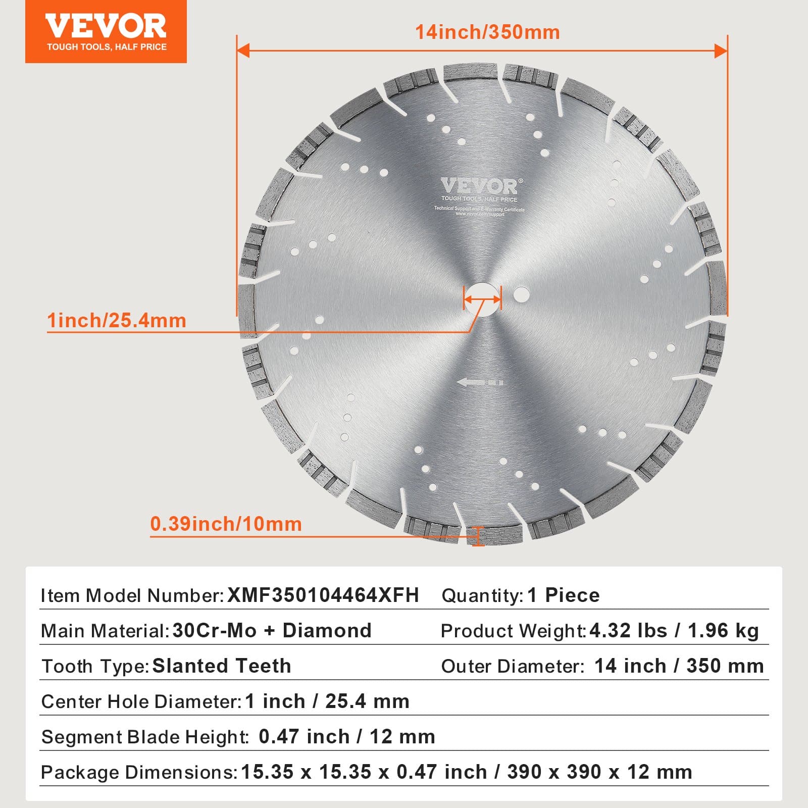 VEVOR 350mm Diamond Saw Blade for Concrete, Tile, Brick – Wet/Dry Use, 10mm Slanted Teeth, 25.4mm Arbor — изображение 7