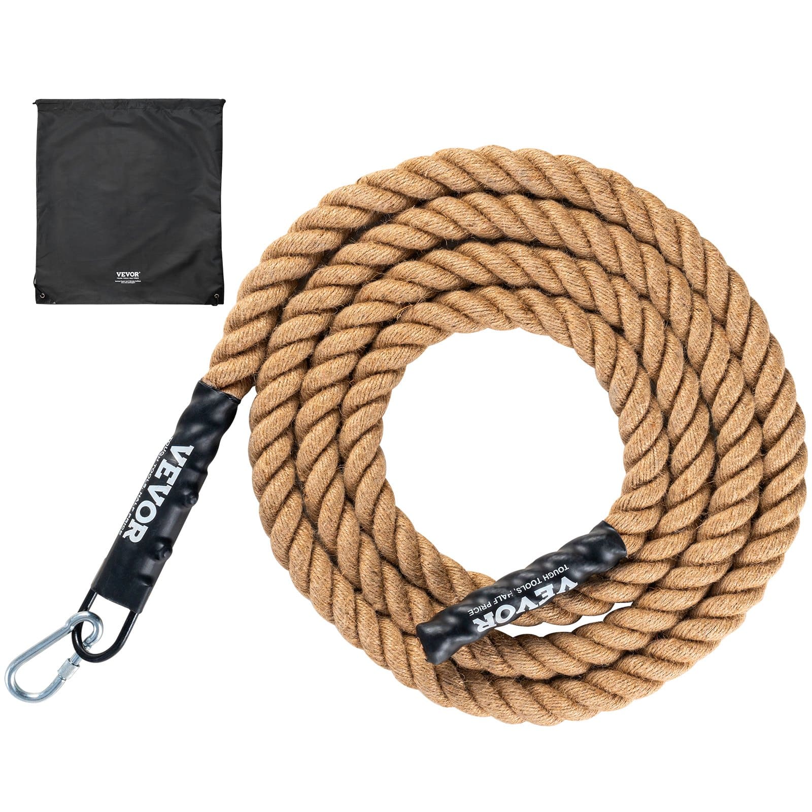 VEVOR 3.8 x 457 cm Natural Hemp Gym Climbing Rope with Hooks – Strength Training & Indoor Fitness Rope, 500 lb Max Load