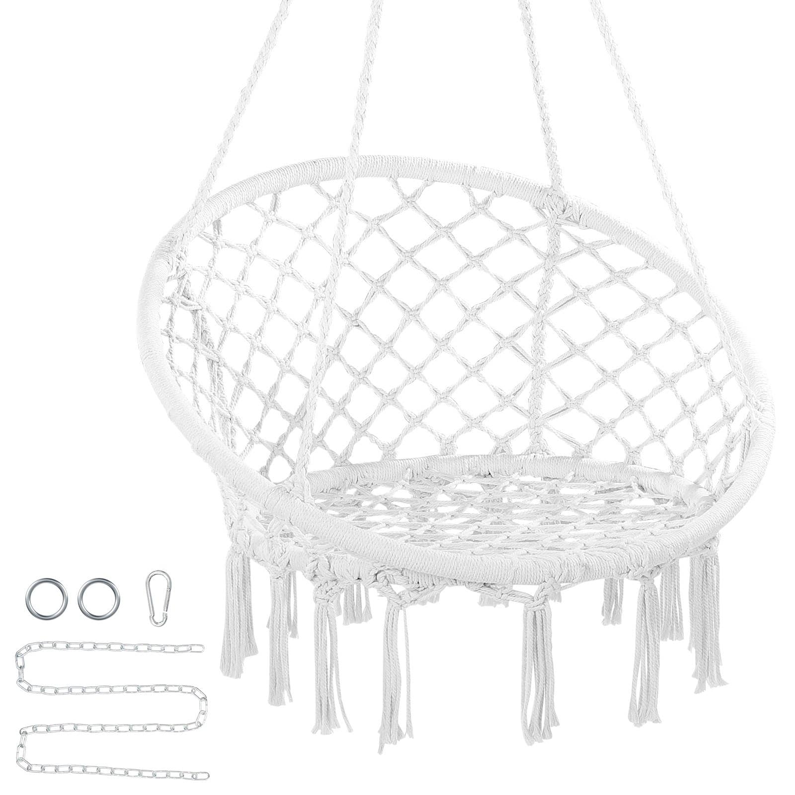 VEVOR Hanging Hammock Swing Chair - 150 kg Capacity, Boho Macramé Cotton Rope Chair with Mounting Kit, White