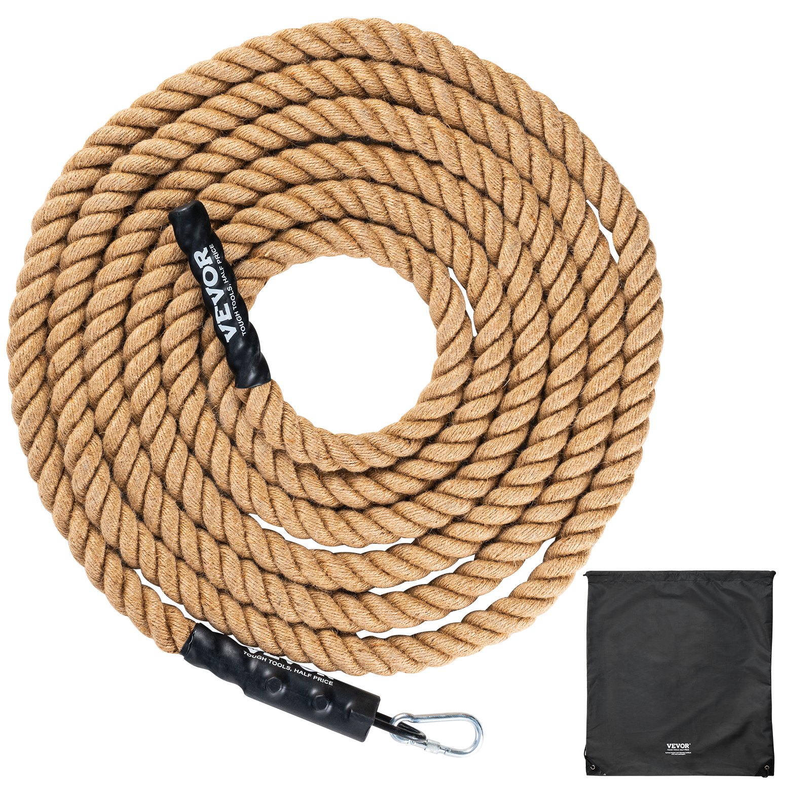 VEVOR 3.8 cm x 6.1 m Natural Hemp Gym Climbing Rope with Hooks – Indoor Fitness & Strength Training Rope, 500 lb Capacity