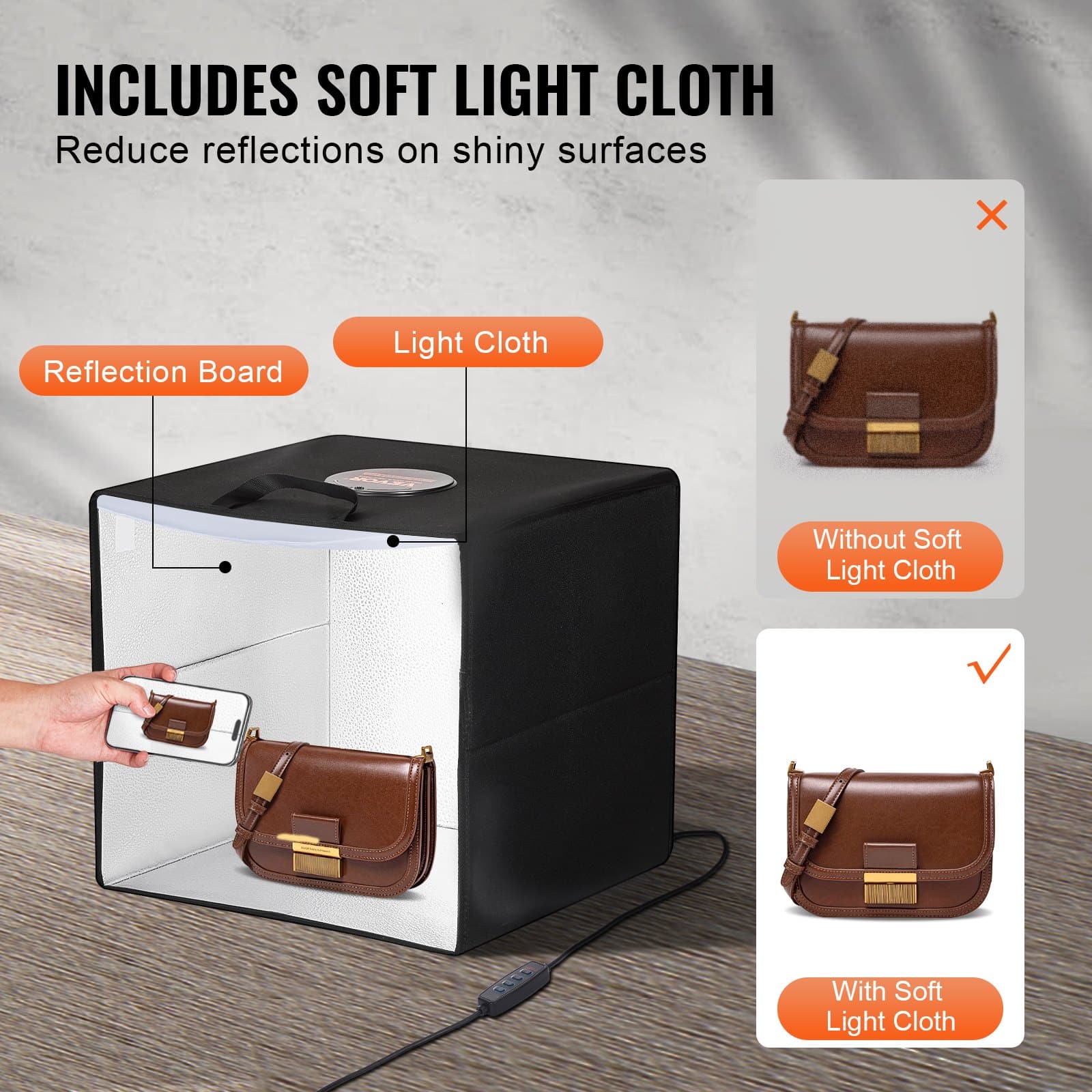 VEVOR 410x400x390 mm Photo Light Box with 3000–5600K LED, 12 Backdrop Colors, Adjustable Brightness, Multi-Angle Shooting — изображение 5