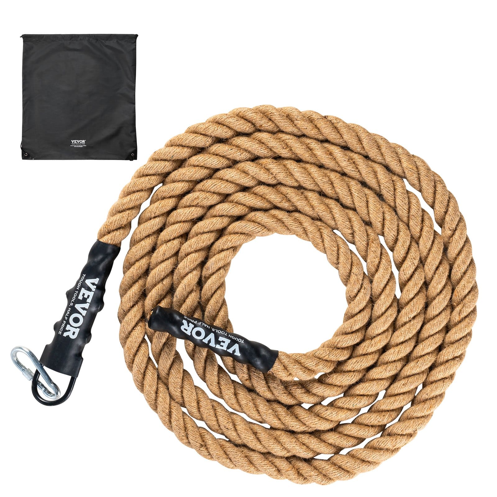 VEVOR 3.8 x 914 cm Natural Hemp Gym Climbing Rope with Hooks for Indoor Strength Training & Home Fitness