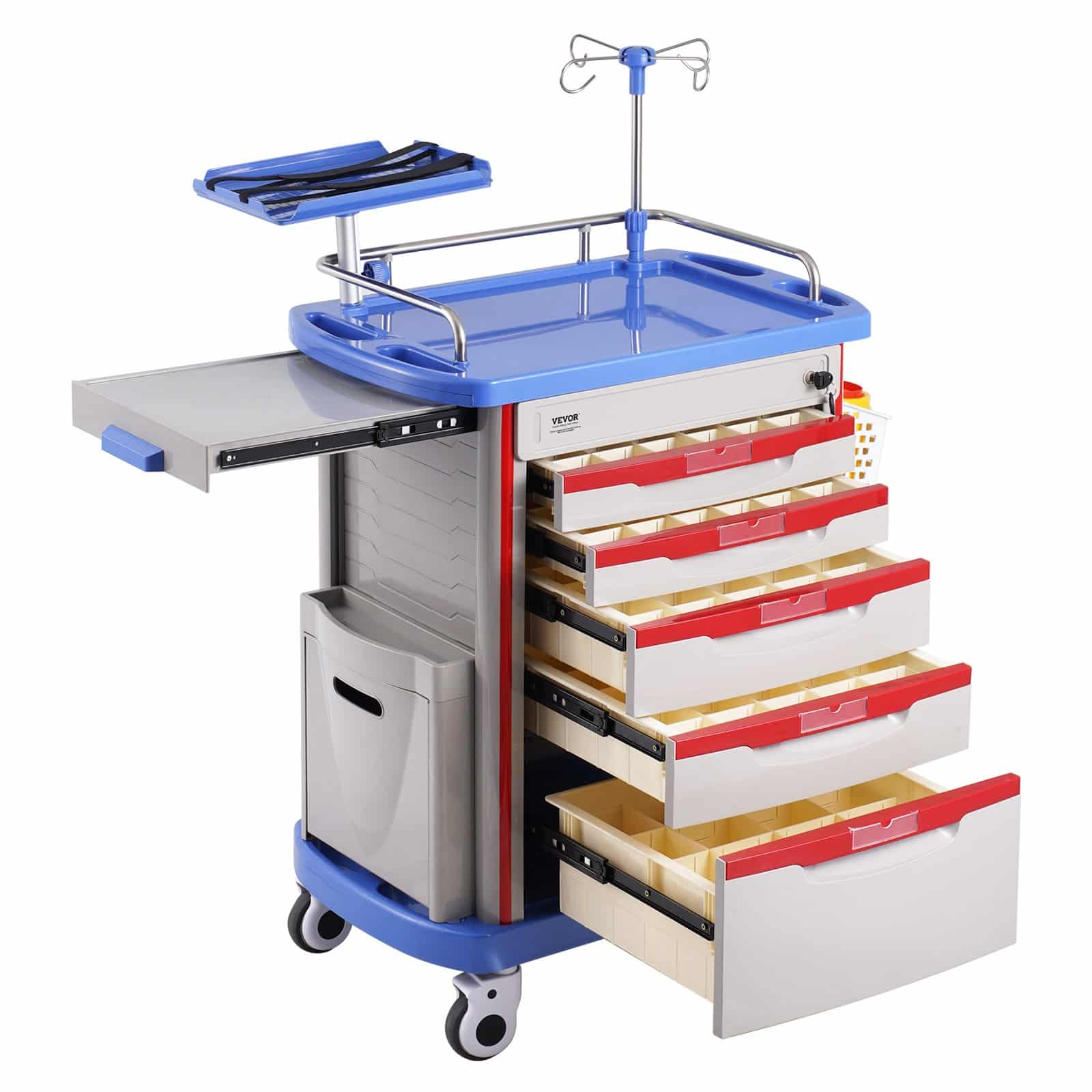 VEVOR 5-Tier Medical Utility Cart with Drawers, Wheels, Trash Bins & IV Pole, Blue – Mobile Lab & Clinic Equipment Trolley