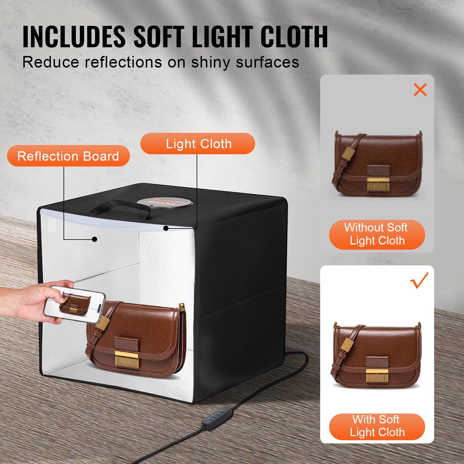 VEVOR 315x310x310 mm Photo Studio Light Box with 3000–5600K Adjustable LED Lighting and 12-Color Backdrops – Paveikslėlis 5