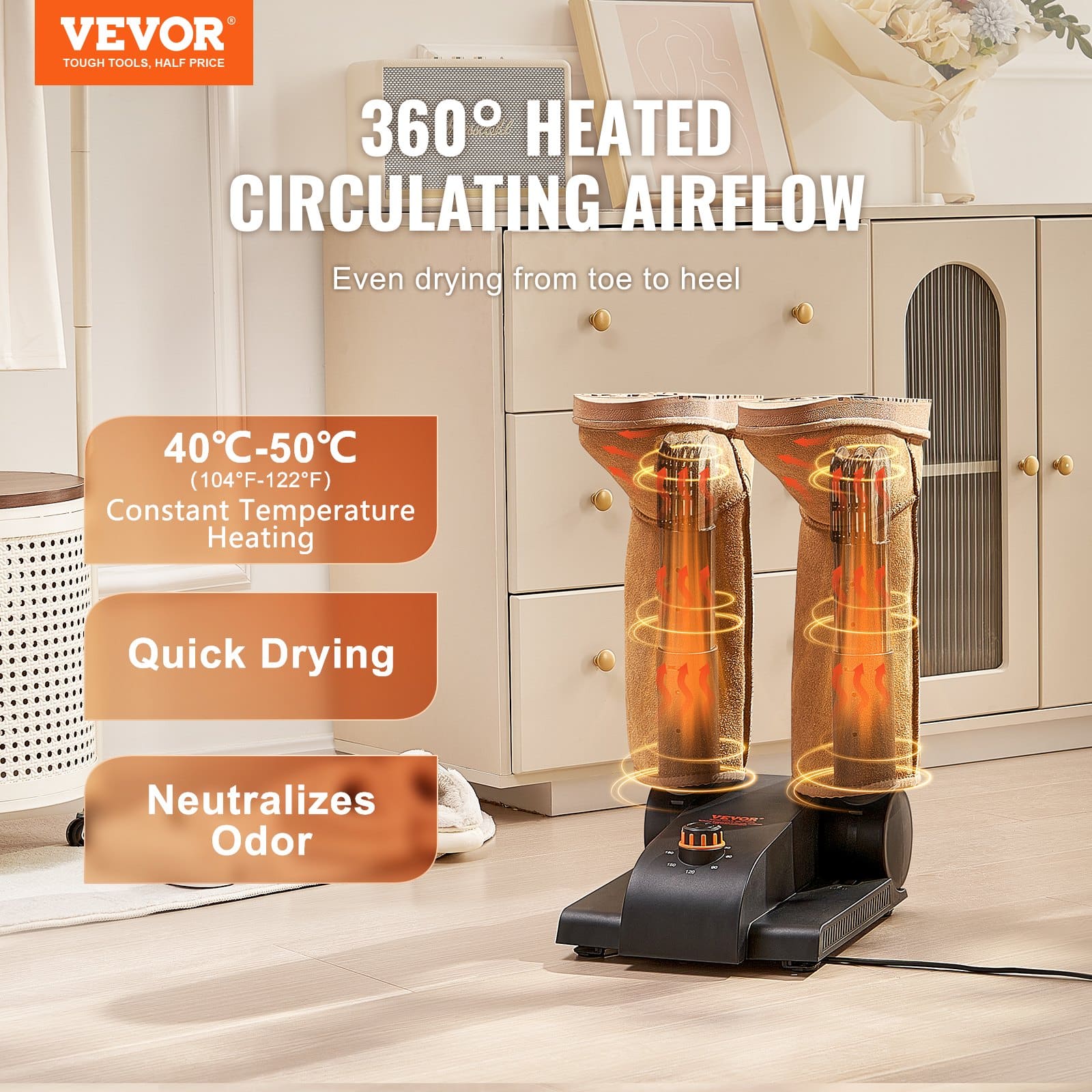 VEVOR Foldable Shoe & Boot Dryer with Timer, 2 Tubes, Heat Blower, 40–50°C Safe Drying for All Shoes, Black & Orange — изображение 2