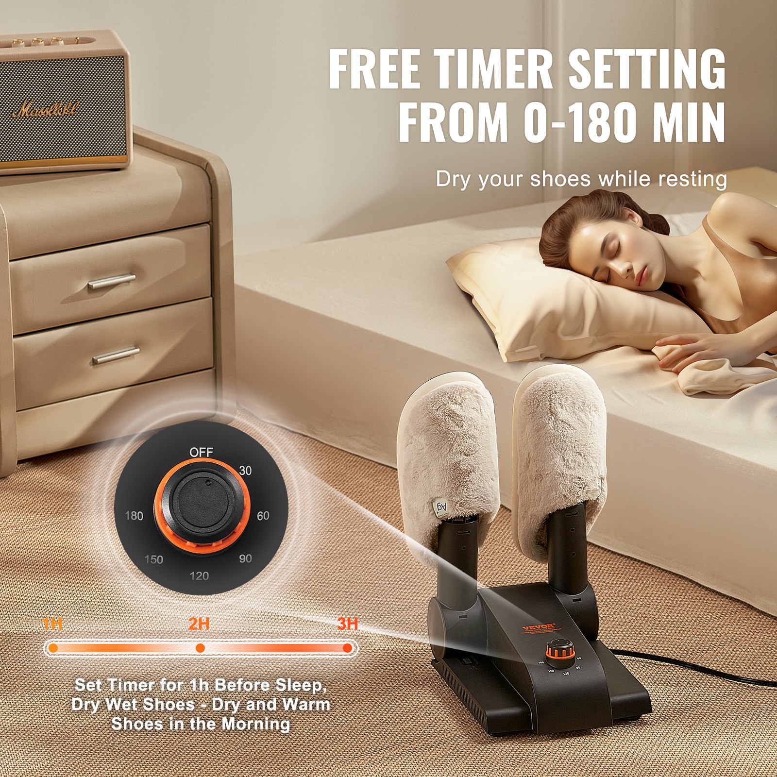 VEVOR Foldable Shoe & Boot Dryer with Timer, 2 Tubes, Heat Blower, 40–50°C Safe Drying for All Shoes, Black & Orange — изображение 3