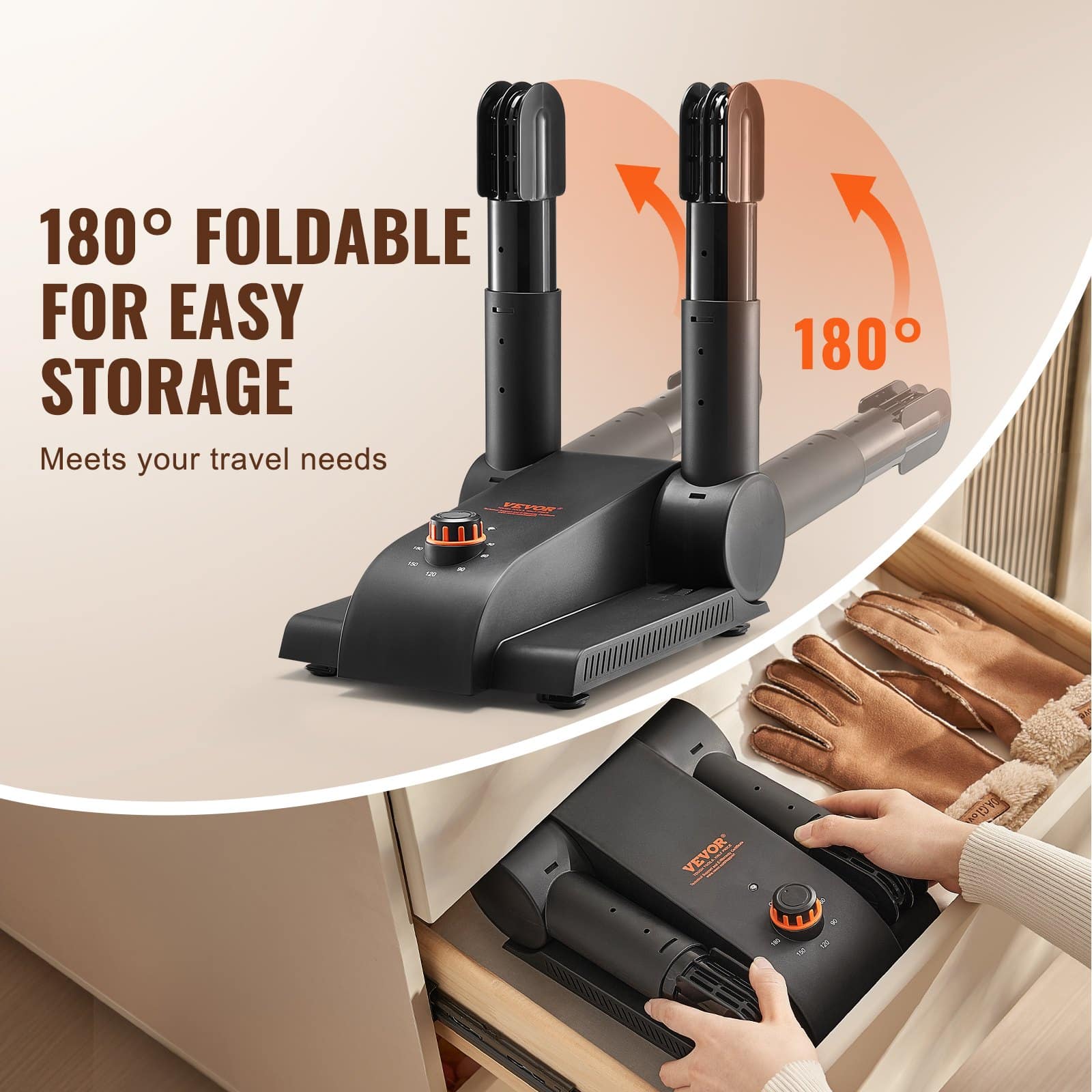 VEVOR Foldable Shoe & Boot Dryer with Timer, 2 Tubes, Heat Blower, 40–50°C Safe Drying for All Shoes, Black & Orange — изображение 5