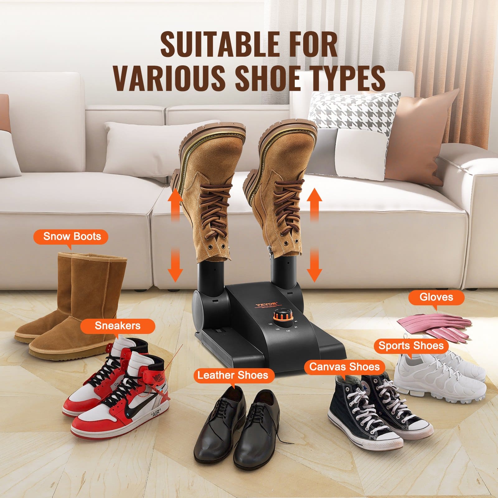 VEVOR Foldable Shoe & Boot Dryer with Timer, 2 Tubes, Heat Blower, 40–50°C Safe Drying for All Shoes, Black & Orange — изображение 6