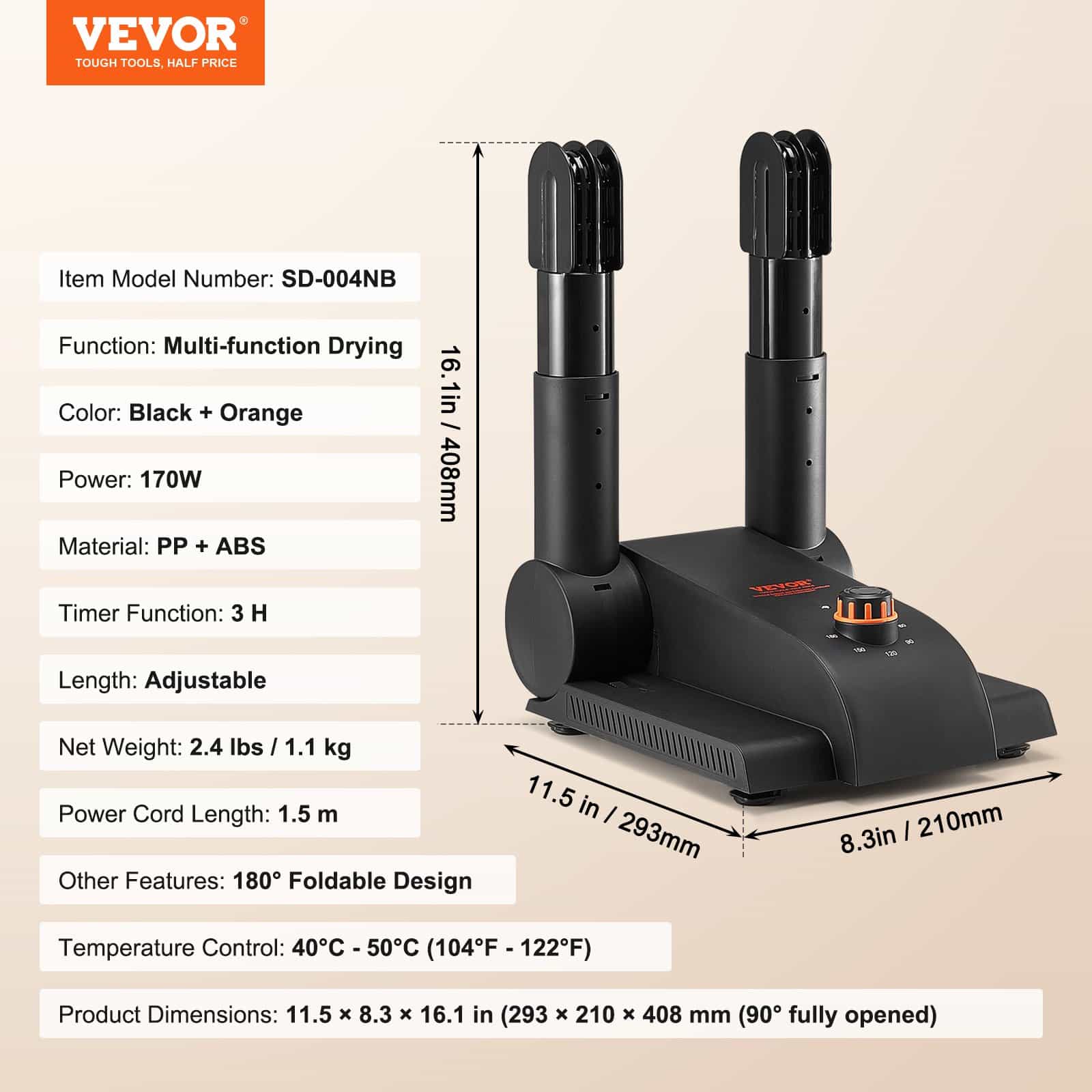 VEVOR Foldable Shoe & Boot Dryer with Timer, 2 Tubes, Heat Blower, 40–50°C Safe Drying for All Shoes, Black & Orange — изображение 7