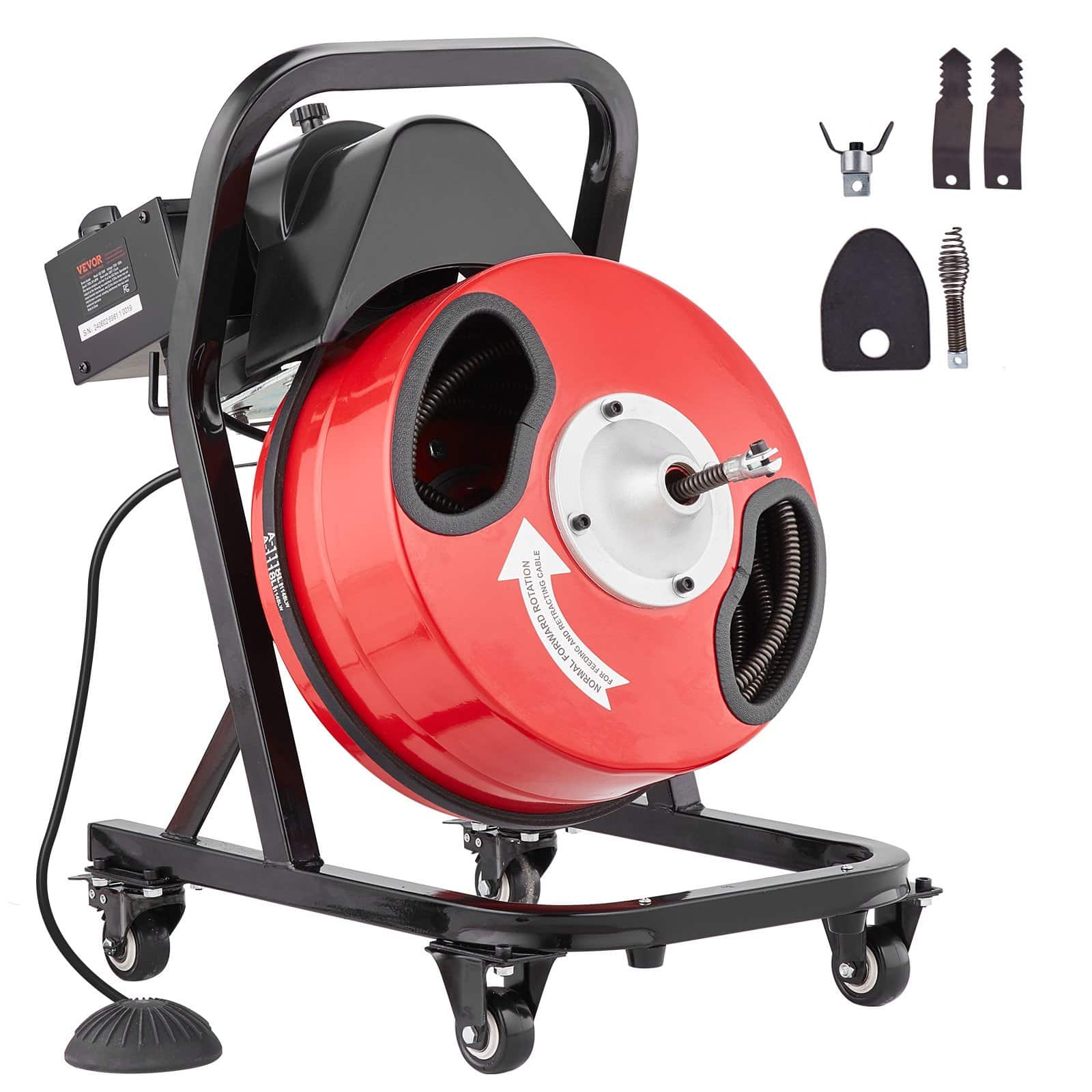 VEVOR 15.2m x 12.7mm Drain Cleaner Machine with 4 Cutters, Wheels & Foot Switch for 50–100mm Pipes