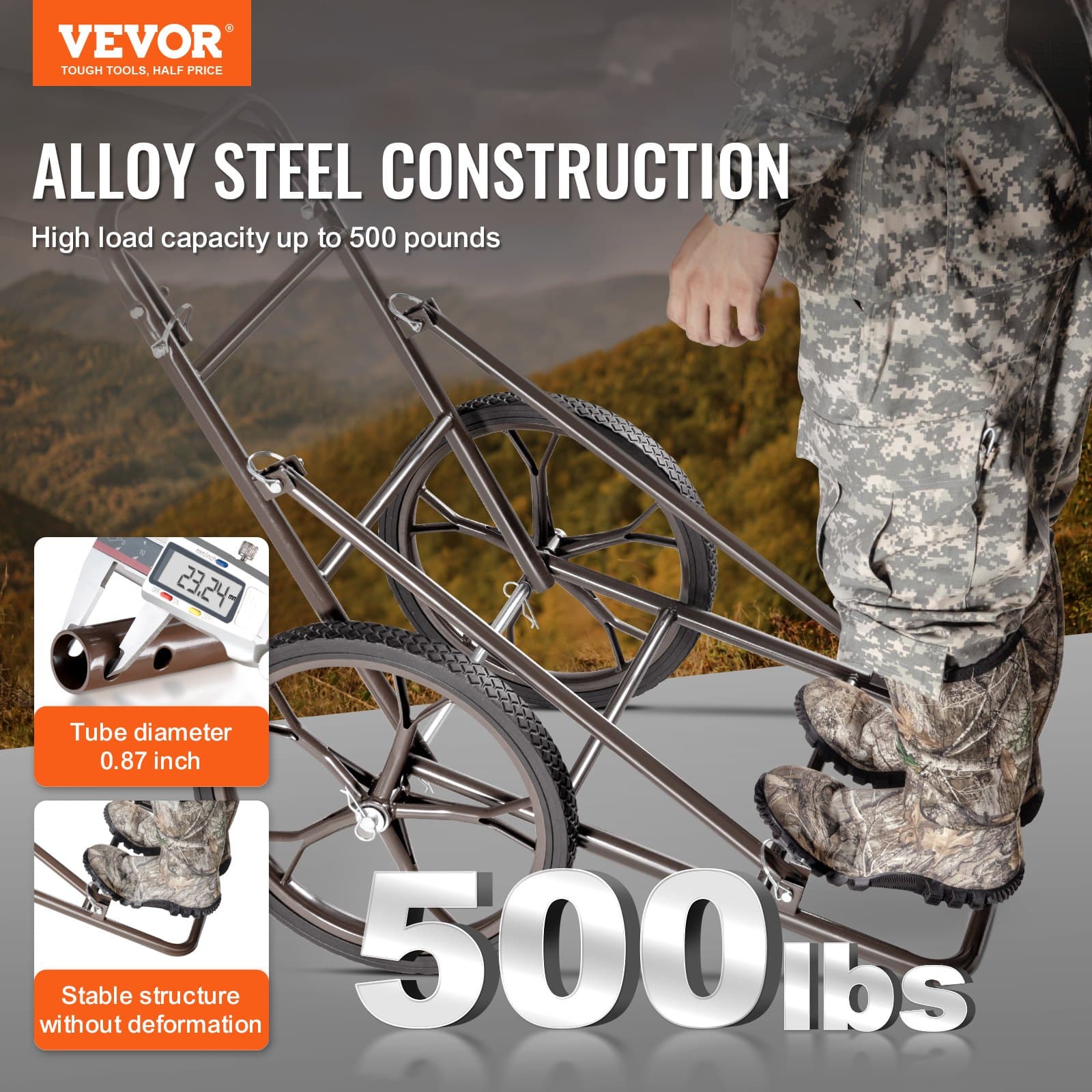 VEVOR Heavy-Duty Folding Deer Cart with 227 kg Capacity, 43 cm Solid Wheels & Ergonomic Handle for Hunting & Outdoor Gear - Зображення 2