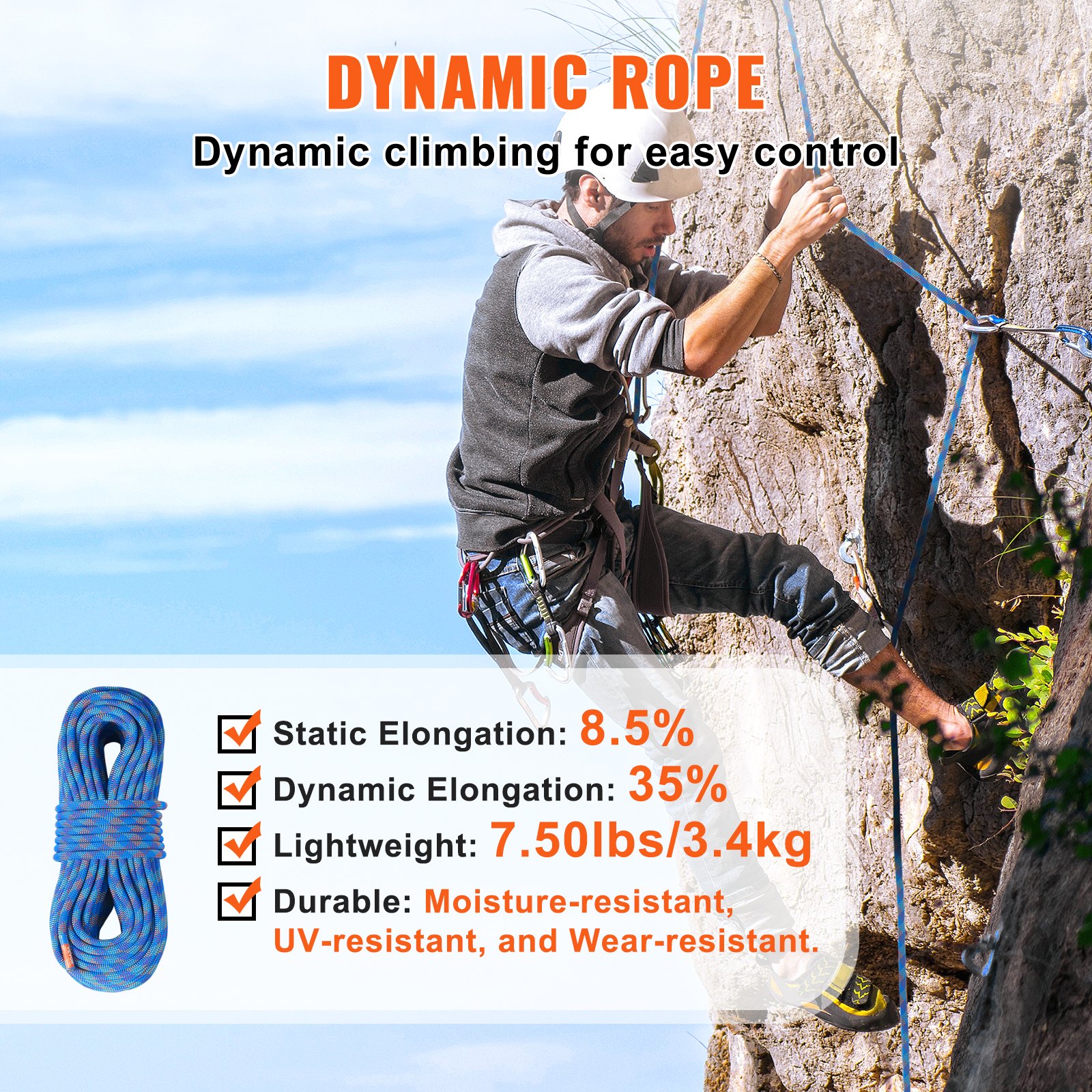 VEVOR 10.2mm Dynamic Climbing Rope 50m, 25KN Break Strength, Stretchable Outdoor Rope with Hooks for Rescue, Rappelling, Blue - Image 5