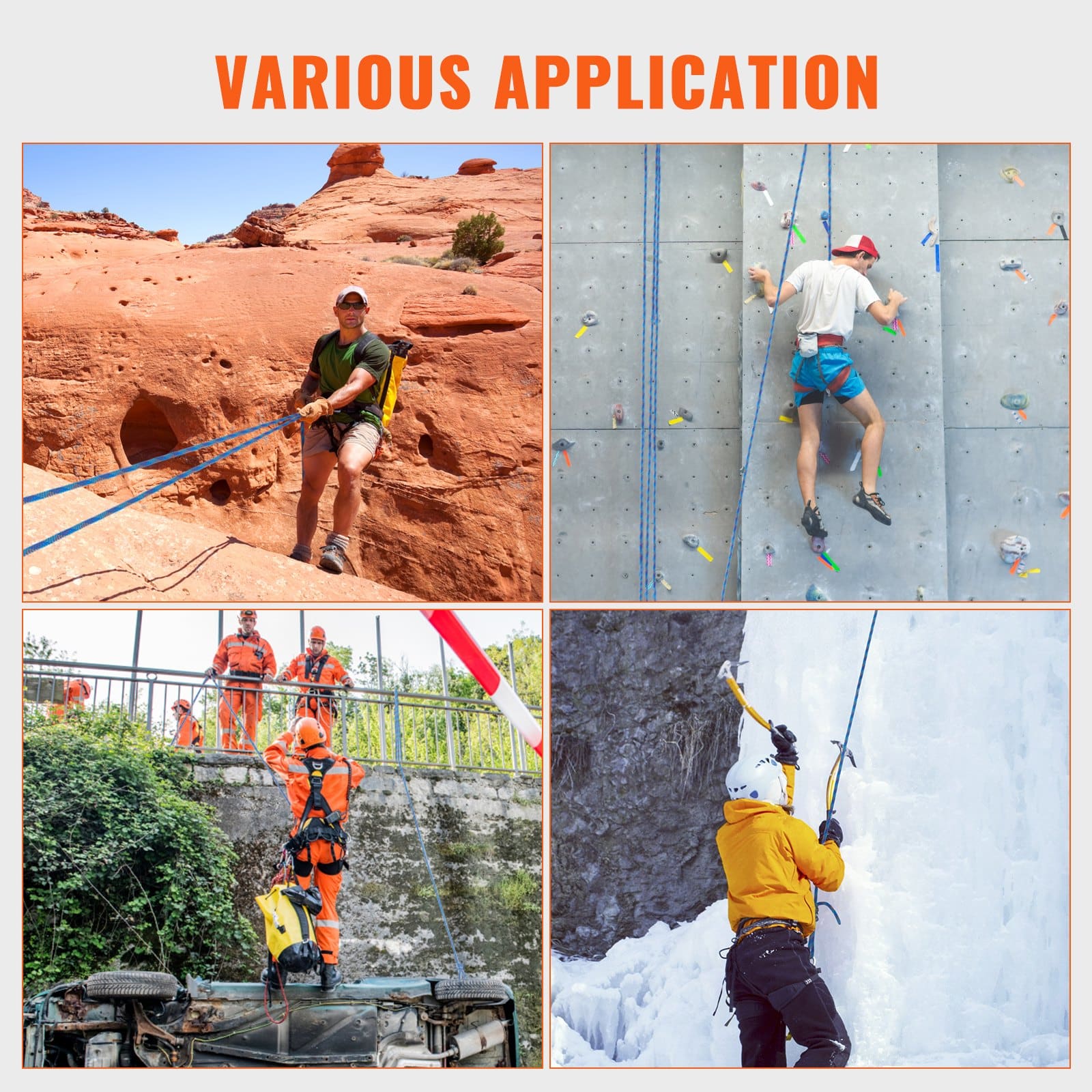 VEVOR 10.2mm Dynamic Climbing Rope 50m, 25KN Break Strength, Stretchable Outdoor Rope with Hooks for Rescue, Rappelling, Blue - Image 6