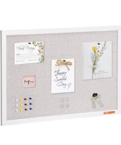 VEVOR 76x51 cm White Linen Cork Bulletin Board – Wall-Mounted Noticeboard for Home, Office, School with Frame & Push Pins