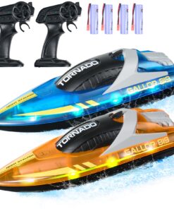 VEVOR RC Boats 2-Pack, 12 км/год Водонепроникні швидкісні човни з дистанційним керуванням зі світлодіодом, 4 батареї, для басейнів і озер, синій і помаранчевий