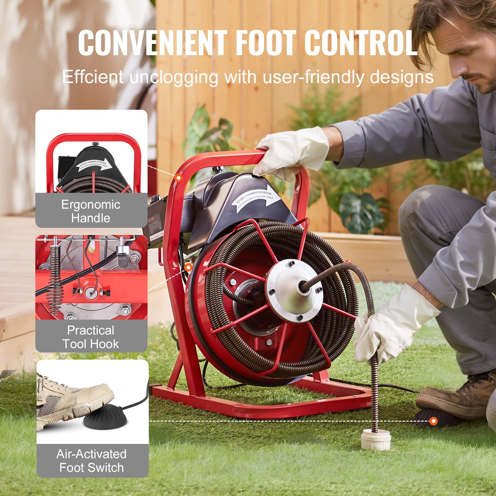 VEVOR 15.2m x 12.7mm Electric Drain Cleaner with 4 Cutters, Manual Feed & Foot Switch for 50–100mm Pipes, 250W — изображение 6