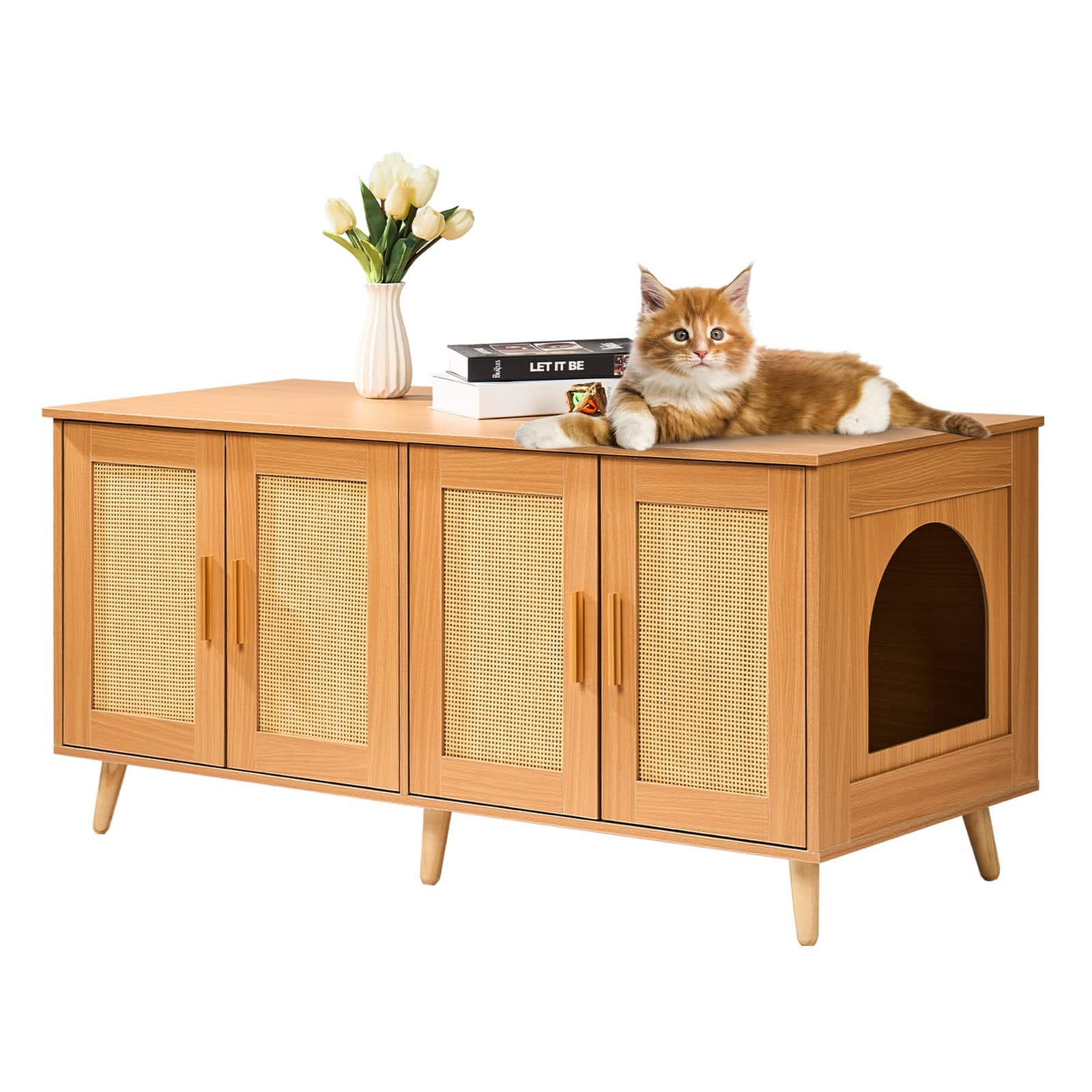 VEVOR Wooden Cat Litter Box Enclosure for 2 Cats, Hidden Litter Cabinet with Rattan Doors, 120x50x55 cm, Natural