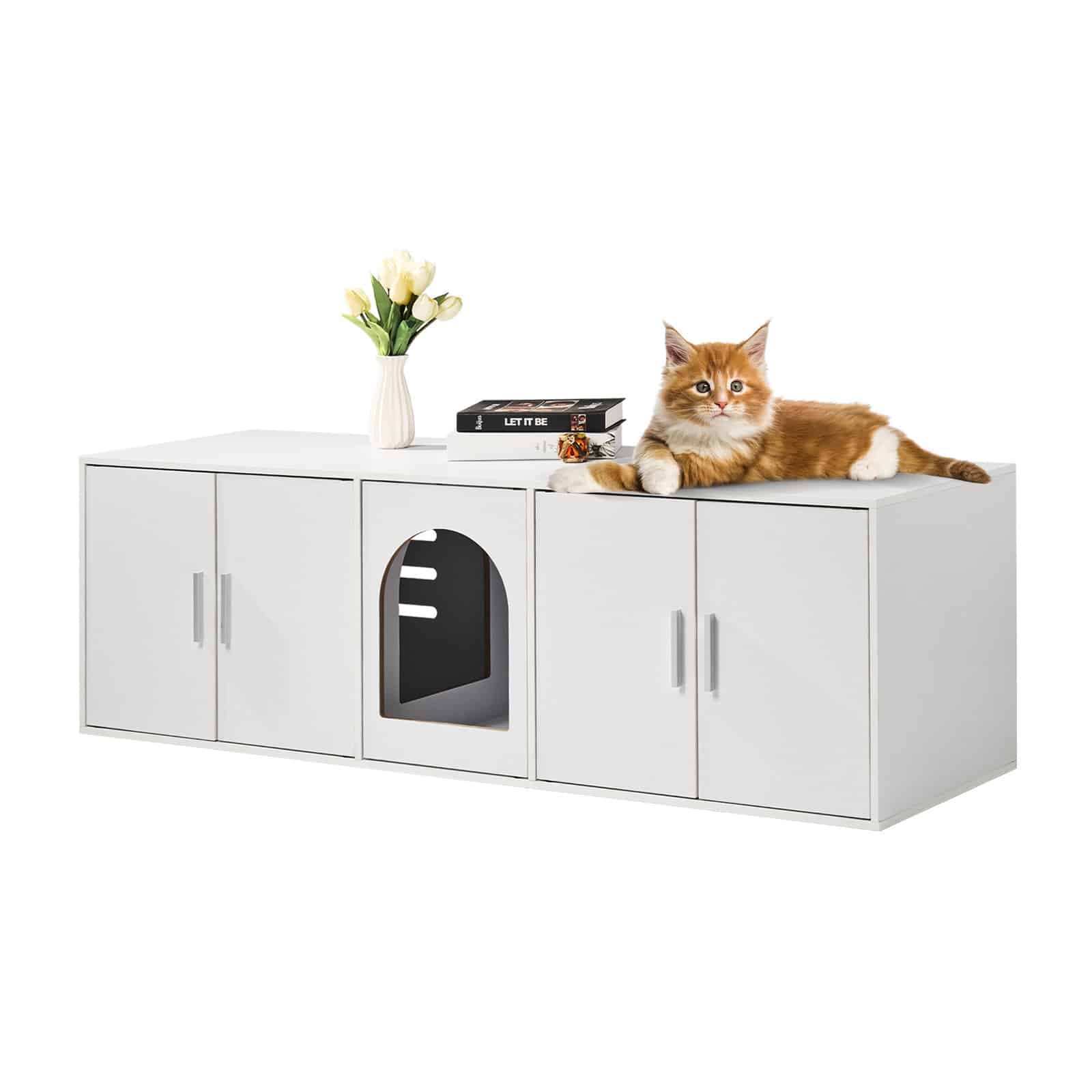 VEVOR Hidden Cat Litter Box Enclosure, Wooden White Furniture, 147 cm, Multi-Door Cabinet with Storage, Scratch-Resistant