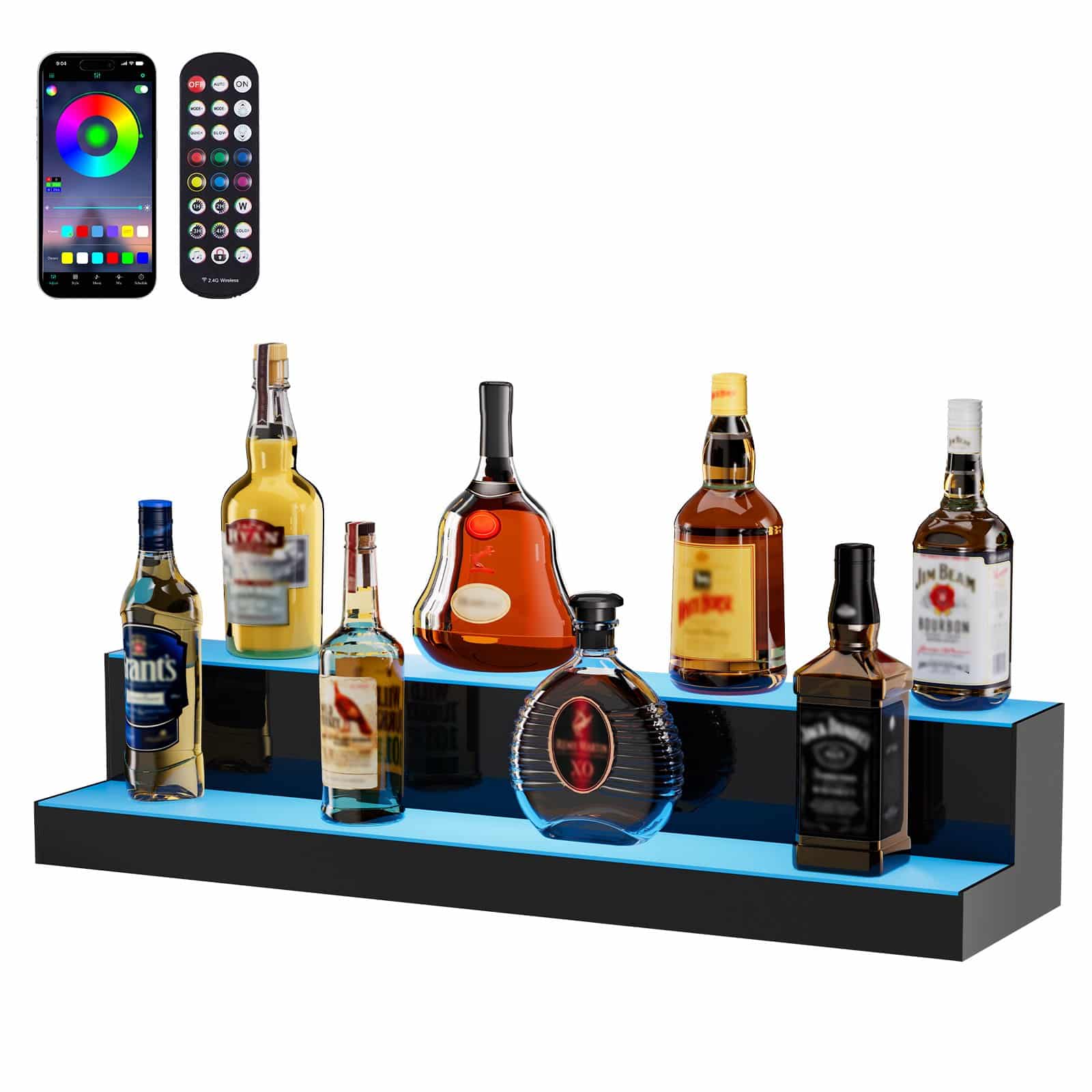 VEVOR 76cm LED Lighted Liquor Bottle Display Shelf, 2-Tier Acrylic Bar Stand with RF Remote & App, Multicolor Lighting