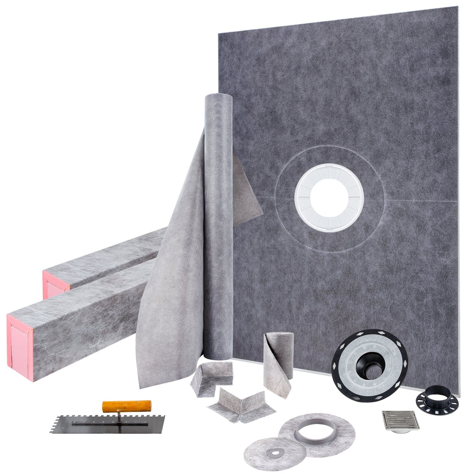 VEVOR 965×1524 mm Watertight Shower Curb Kit with Central Flange, Stainless Grate, 2 Cuttable Curbs, Trowel & Membrane