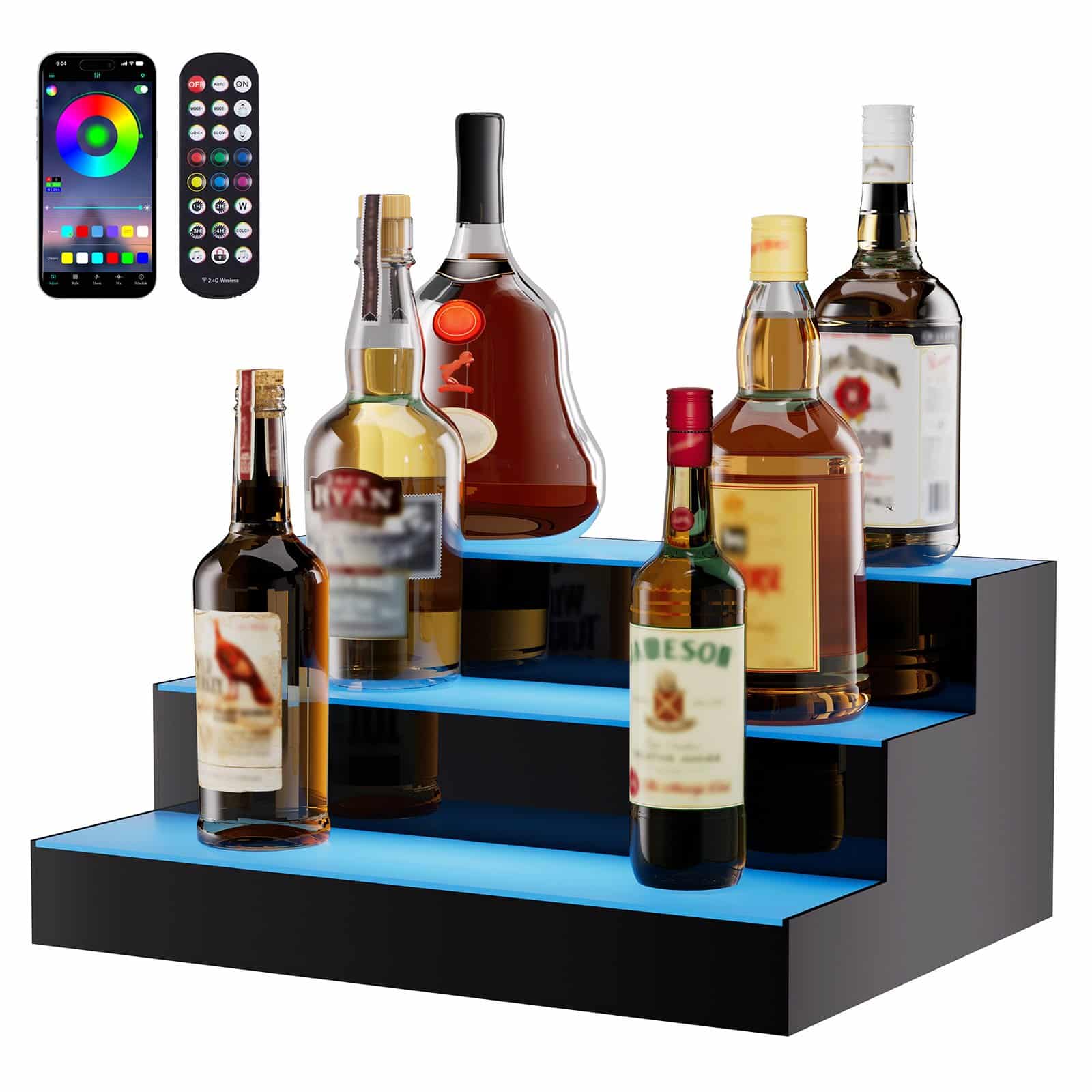 VEVOR 40cm 3-Tier LED Liquor Bottle Display Shelf with RF Remote & App Control, Multicolor Acrylic Bar Stand