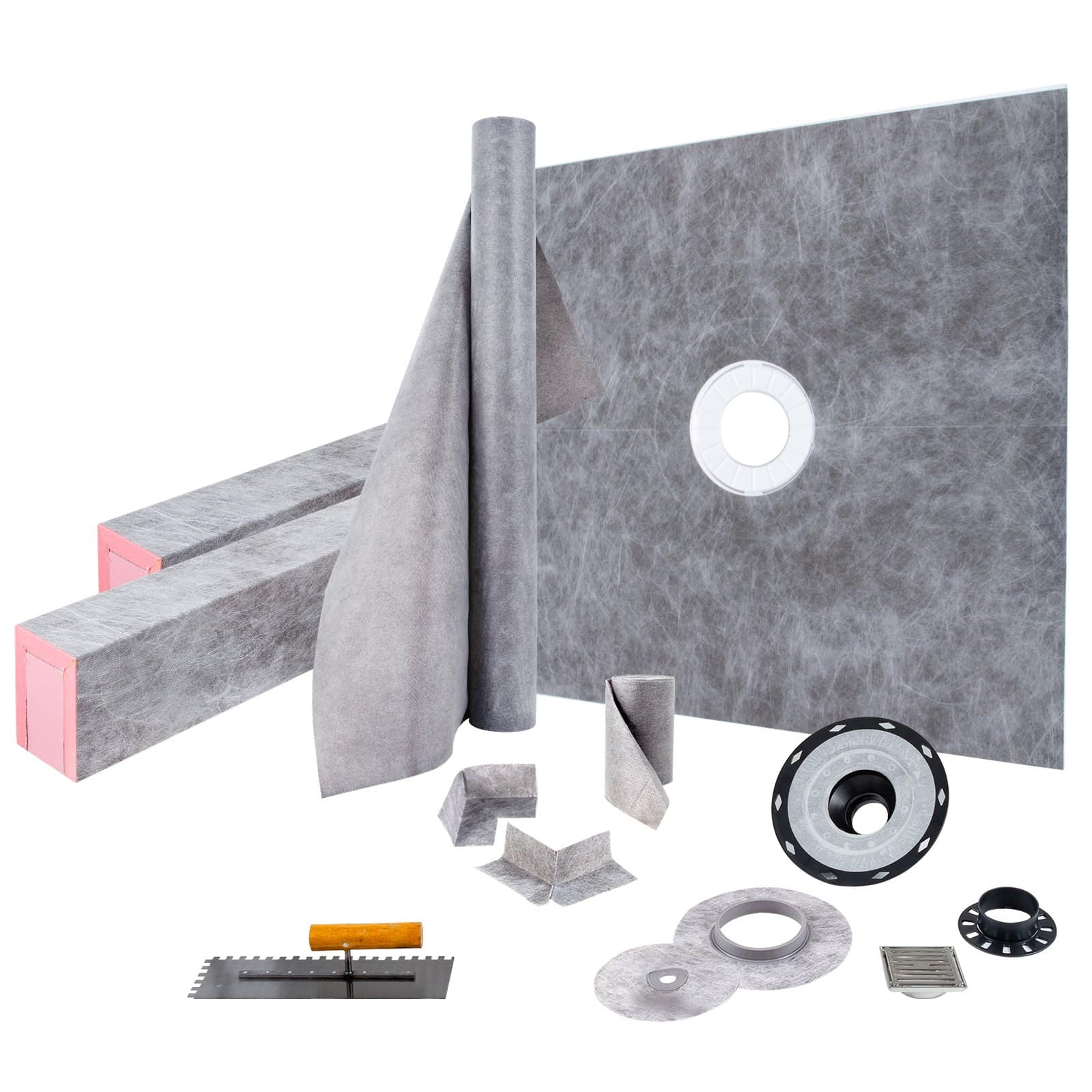 VEVOR 121x121 cm Shower Curb Kit with Central Drain, Waterproof Membrane, 2 Cuttable Curbs, Grate & Trowel for Bathroom