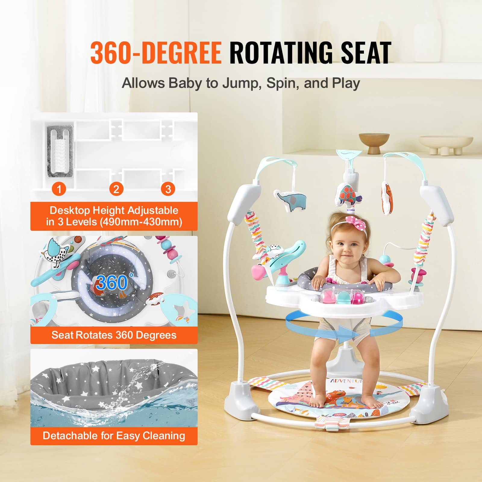 VEVOR 360° Baby Bouncer & Activity Center with Music, Lights, Toys, Adjustable Height – For Babies 6 Months+, Foldable Frame – Paveikslėlis 5