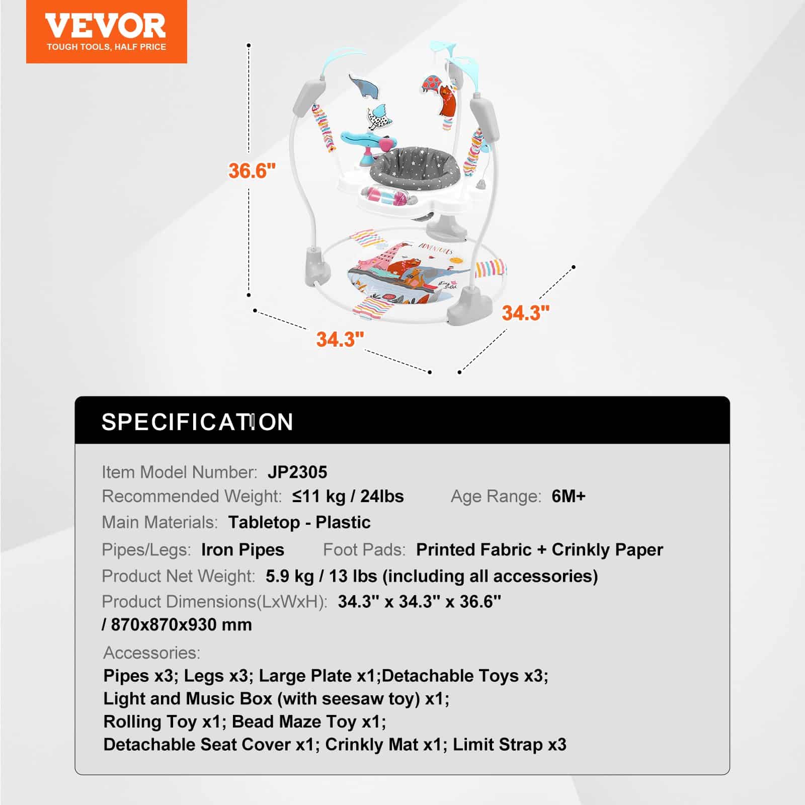 VEVOR 360° Baby Bouncer & Activity Center with Music, Lights, Toys, Adjustable Height – For Babies 6 Months+, Foldable Frame – Paveikslėlis 7
